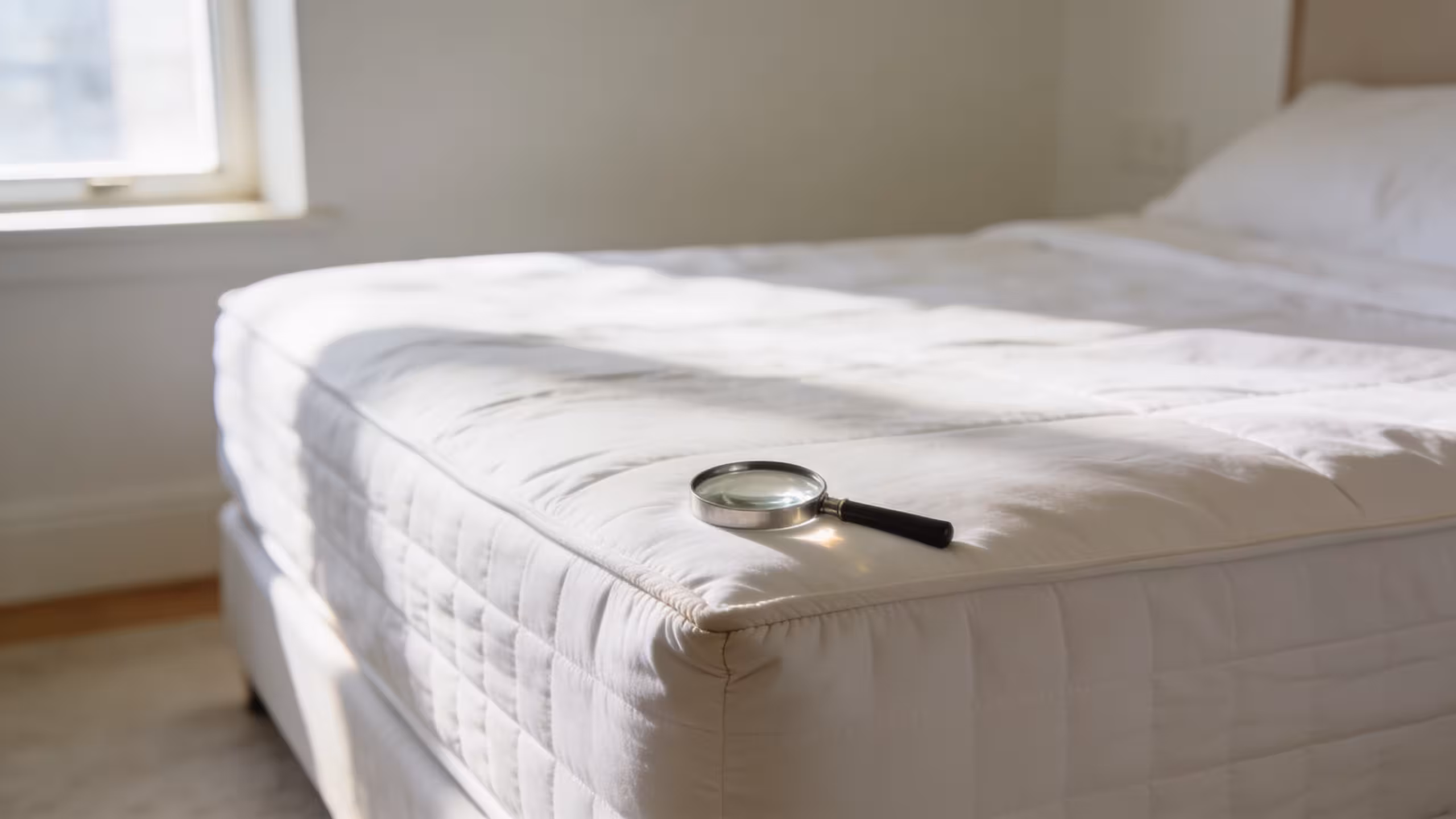 Clean white mattress with a magnifying glass on the corner, illustrating whether renters insurance covers bed bugs