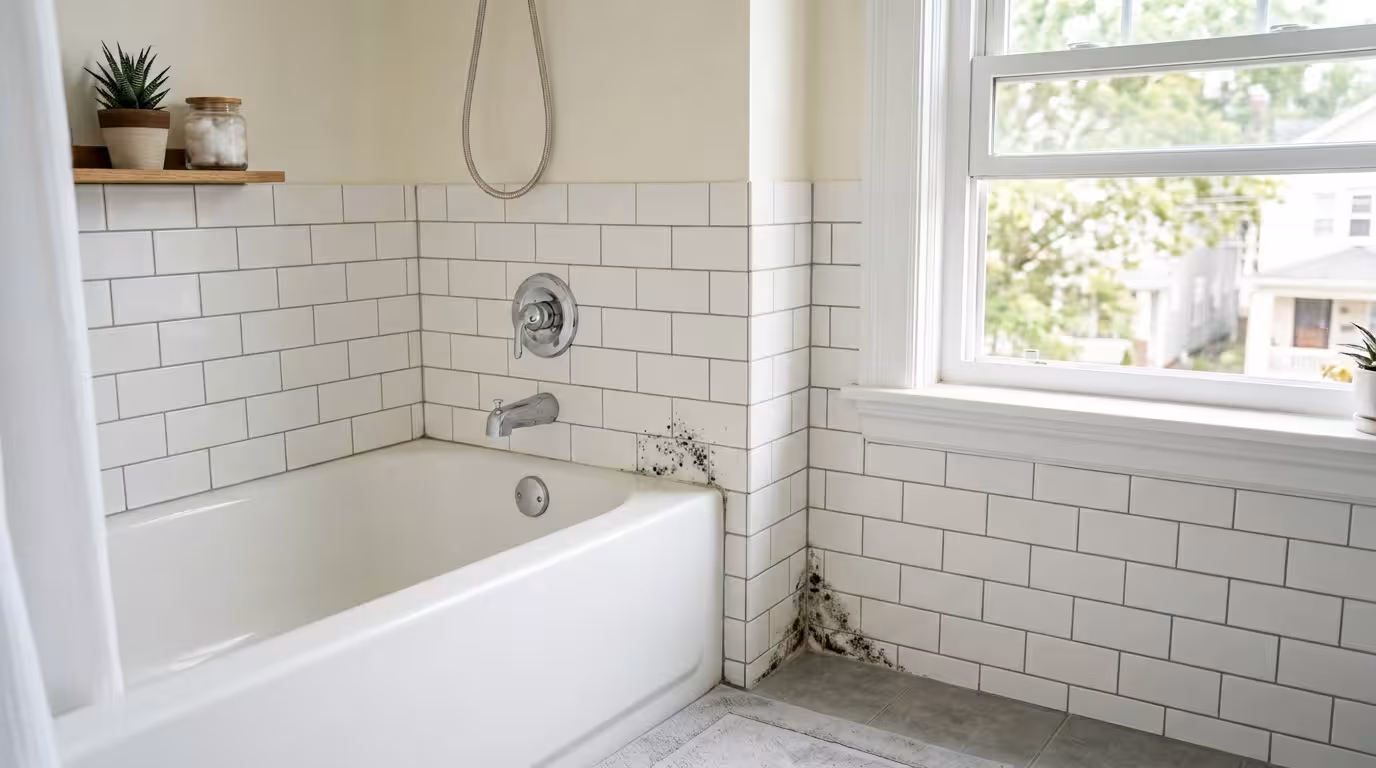 Close-up of a rental apartment bathroom with a small mold spot near the window — does renters insurance cover mold damage