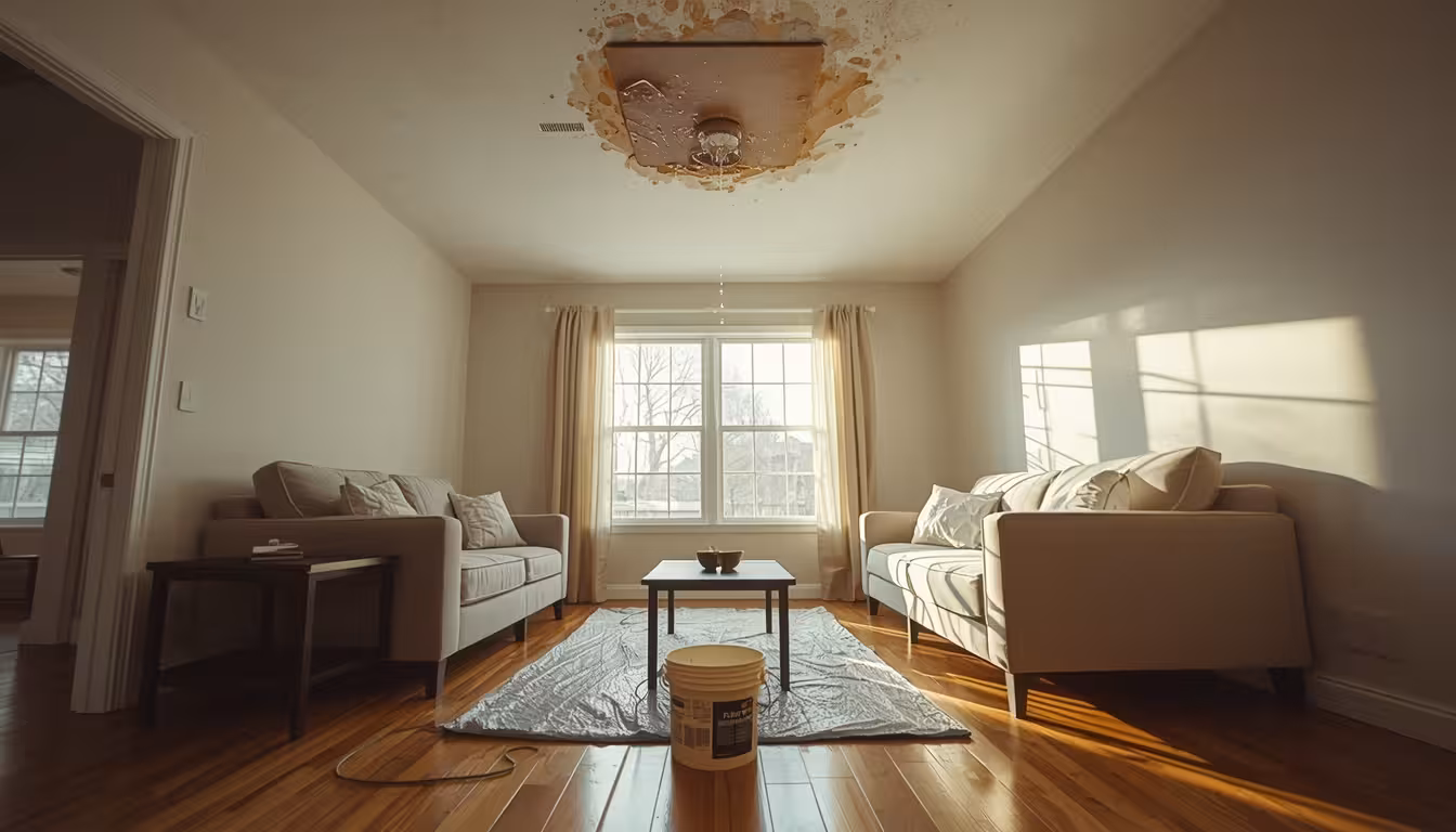Water-damaged ceiling with bucket catching drips — does renters insurance cover water damage from upstairs neighbor