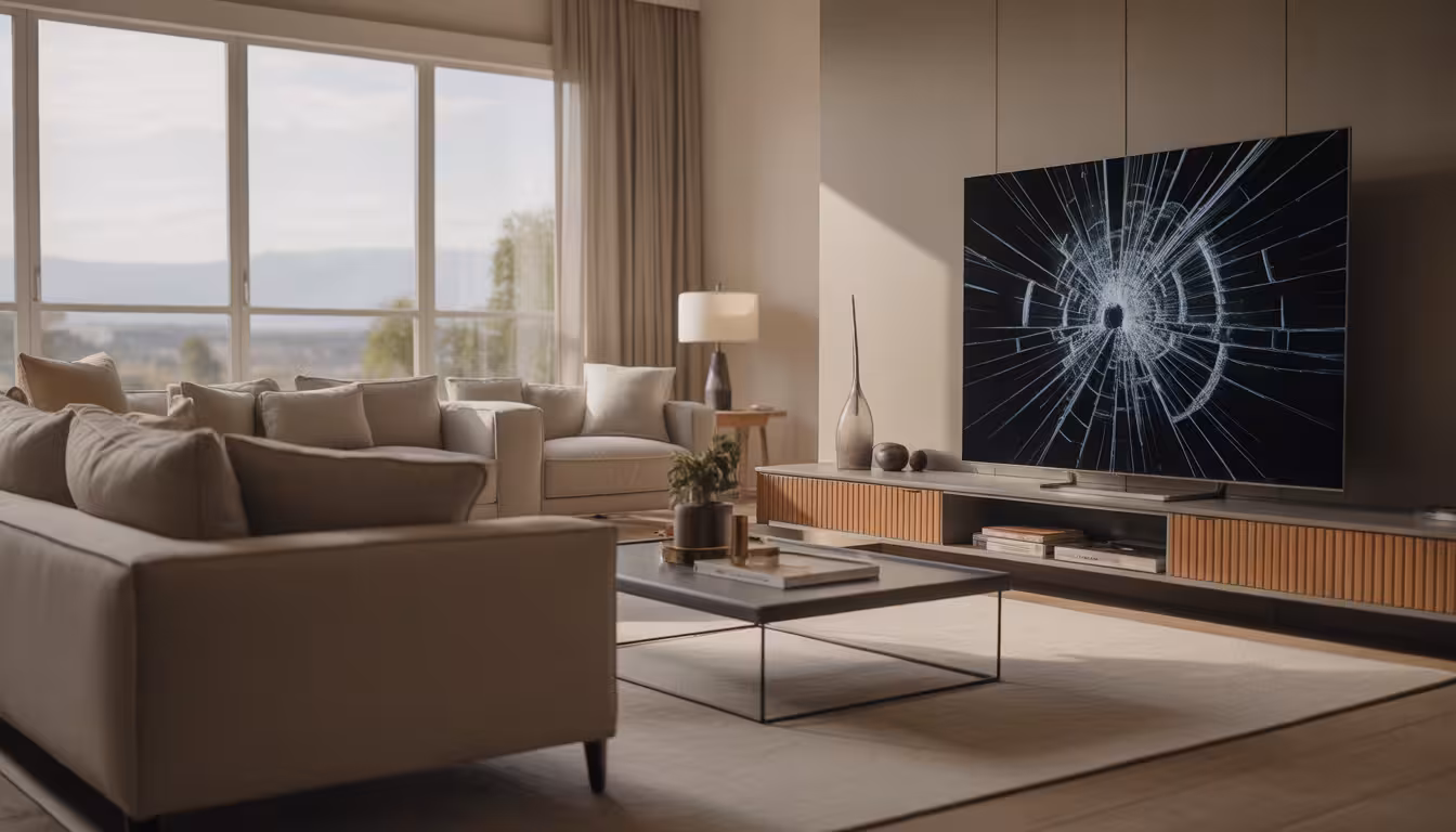 A living room television with a cracked screen illustrating whether renters insurance covers broken TV accidental damage.