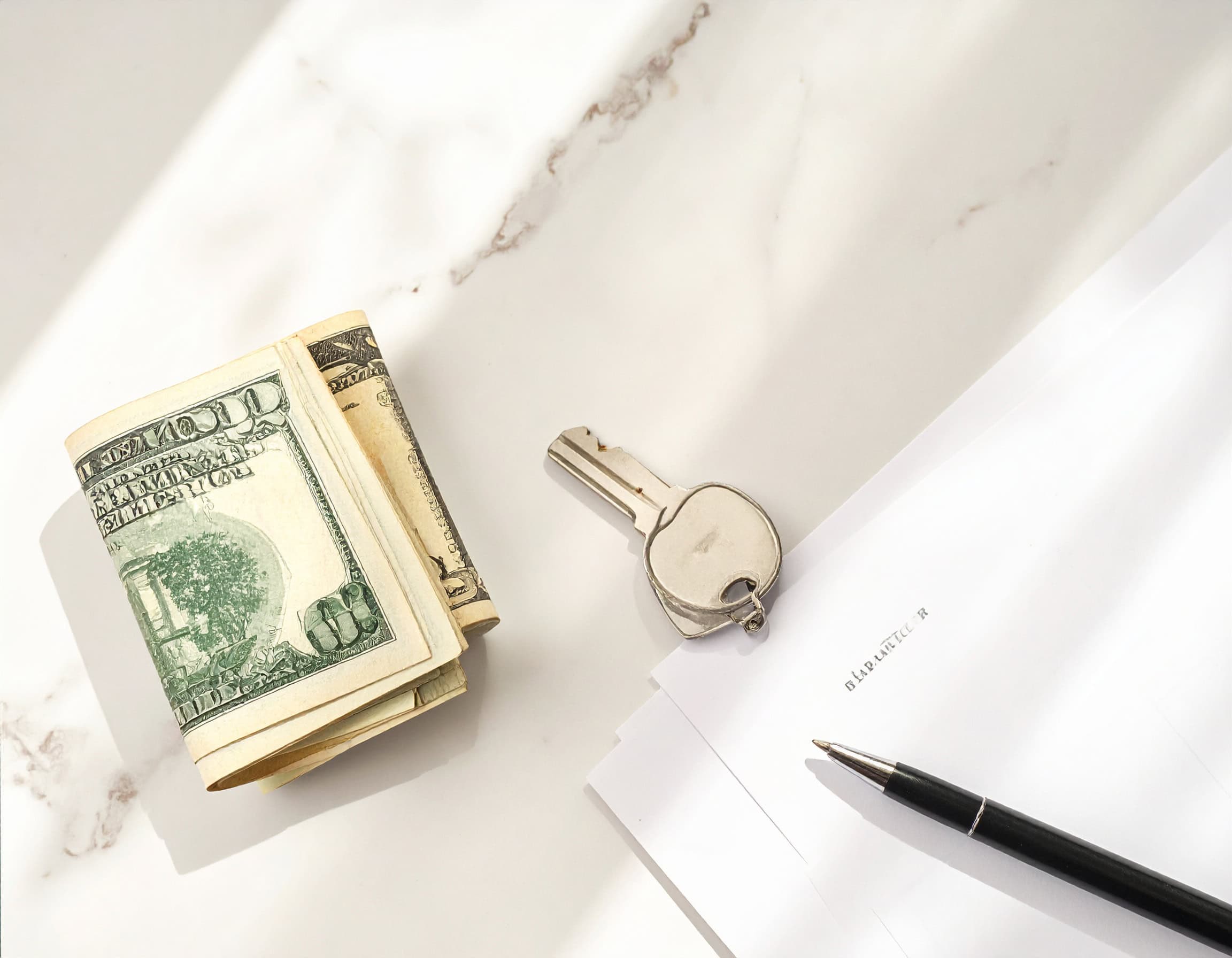 How much does renters insurance cost — open policy document on a desk with coins, a pen, and a small apartment key