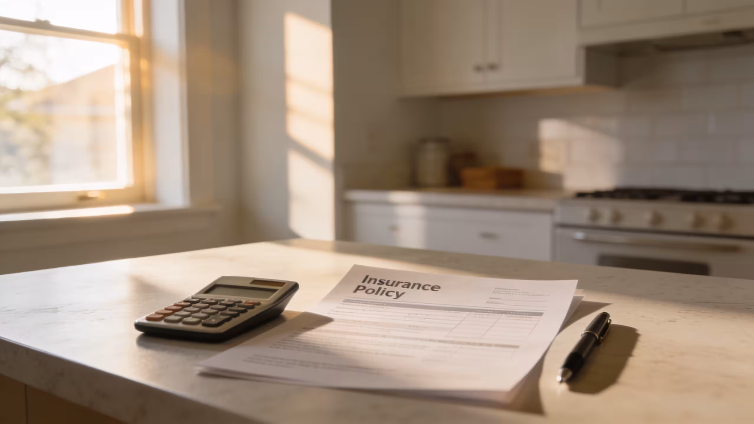 Renters insurance documents and a calculator on a clean apartment desk, illustrating renters insurance cost with bad credit planning