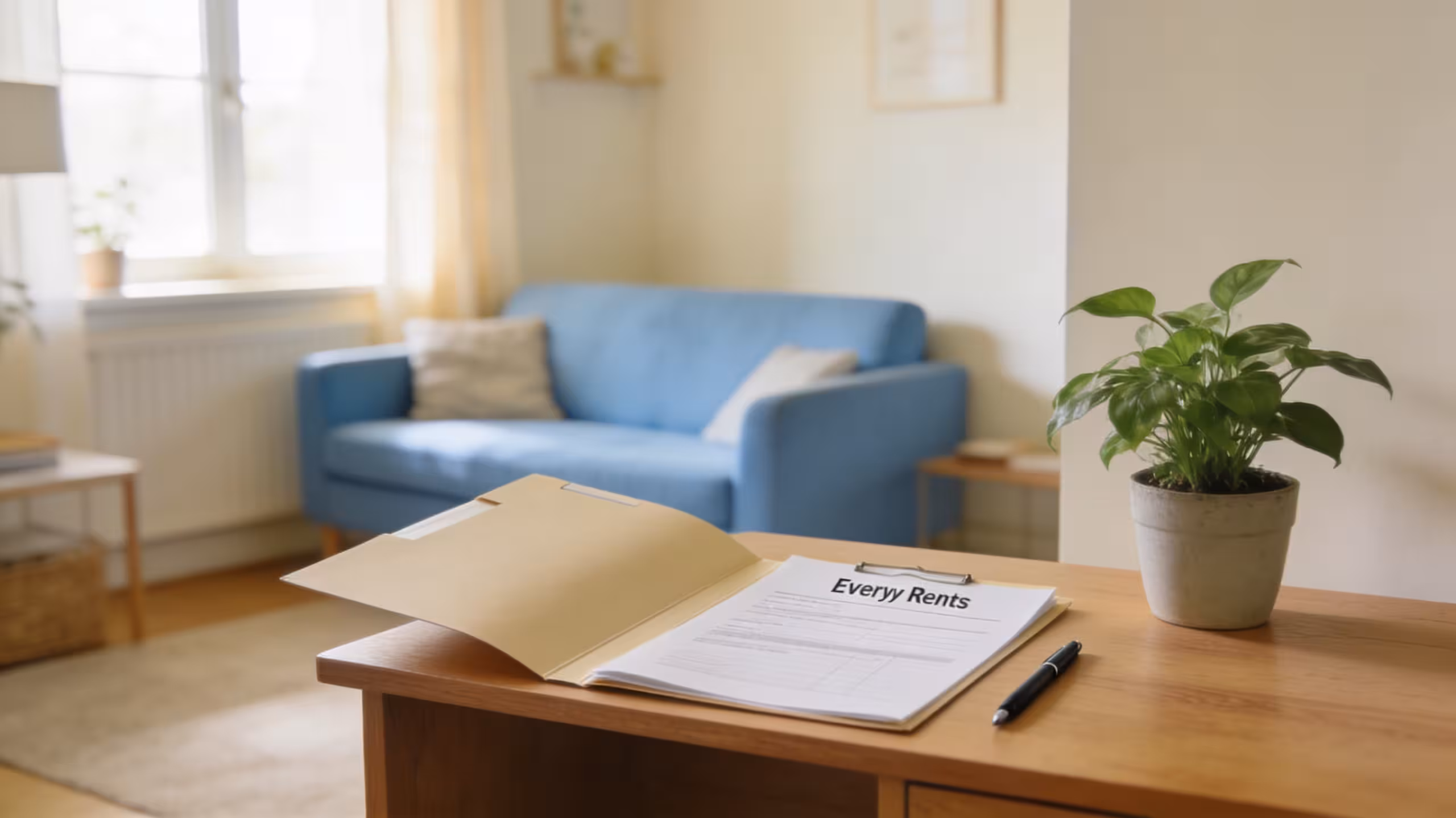 Organized apartment desk with an open insurance folder, representing best renters insurance for low income