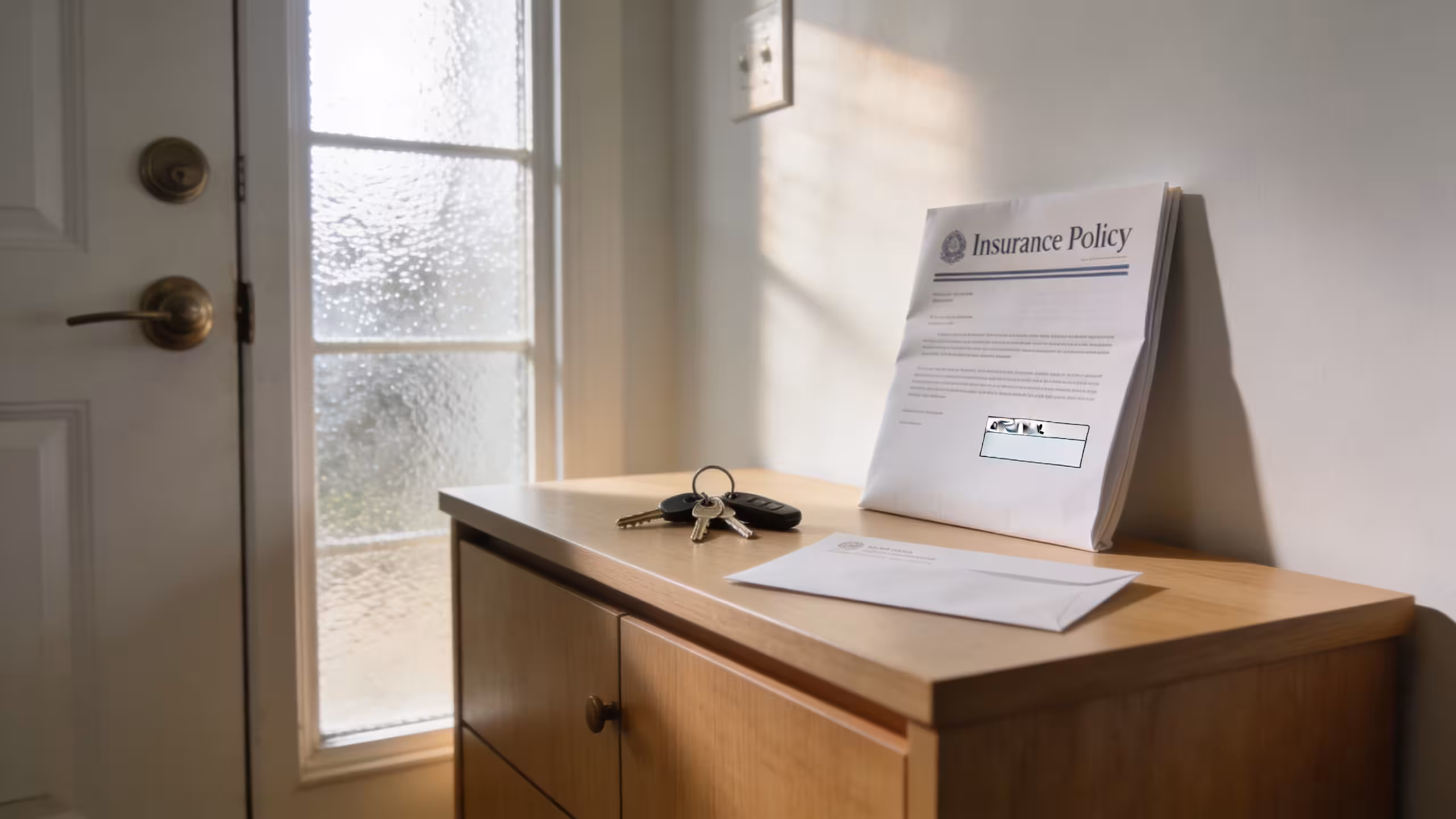 Apartment entryway with door keys and insurance policy document — can you get renters insurance without a lease
