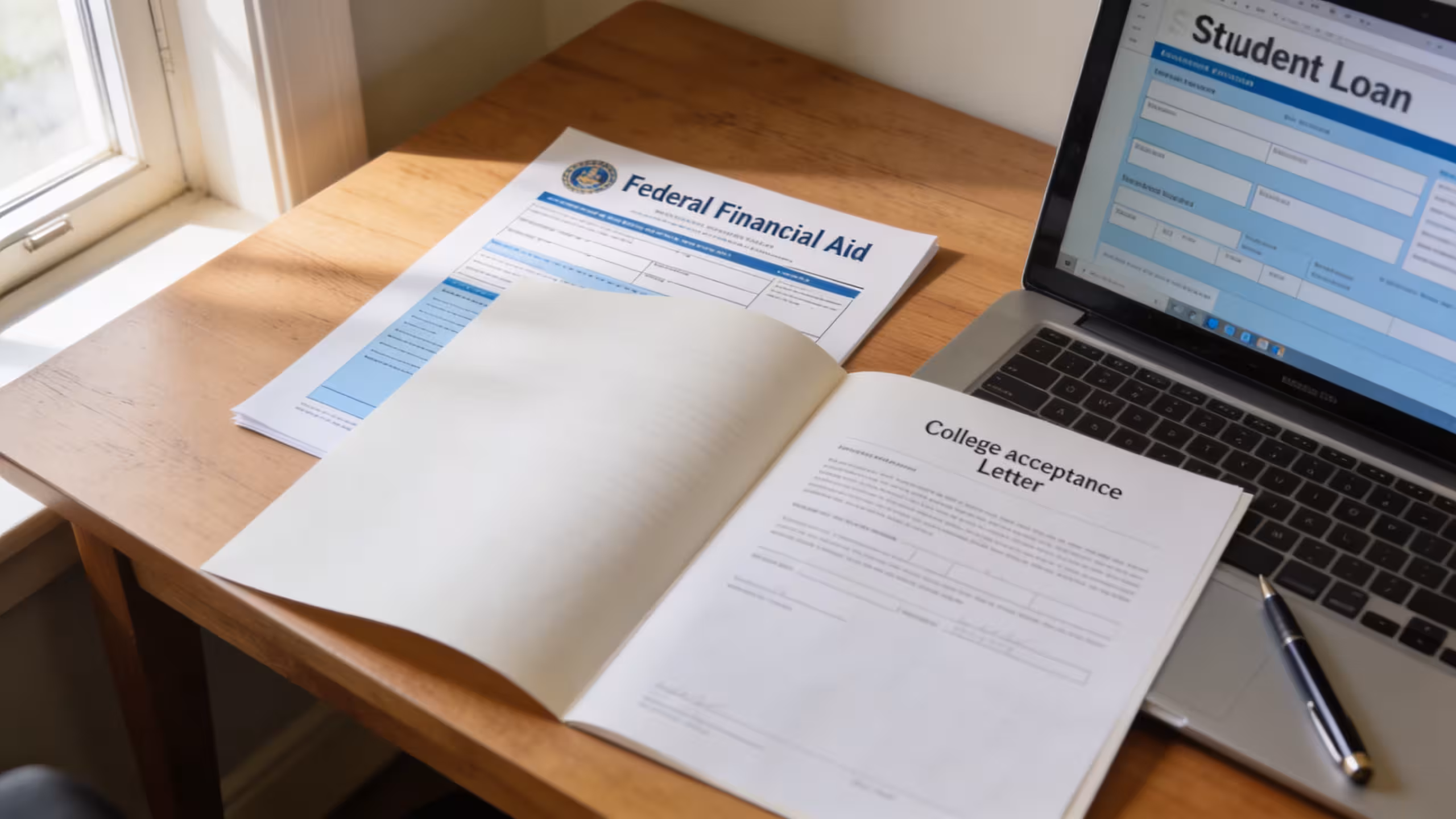 Student loan application documents on a desk with a pen and laptop, representing getting student loans without a cosigner