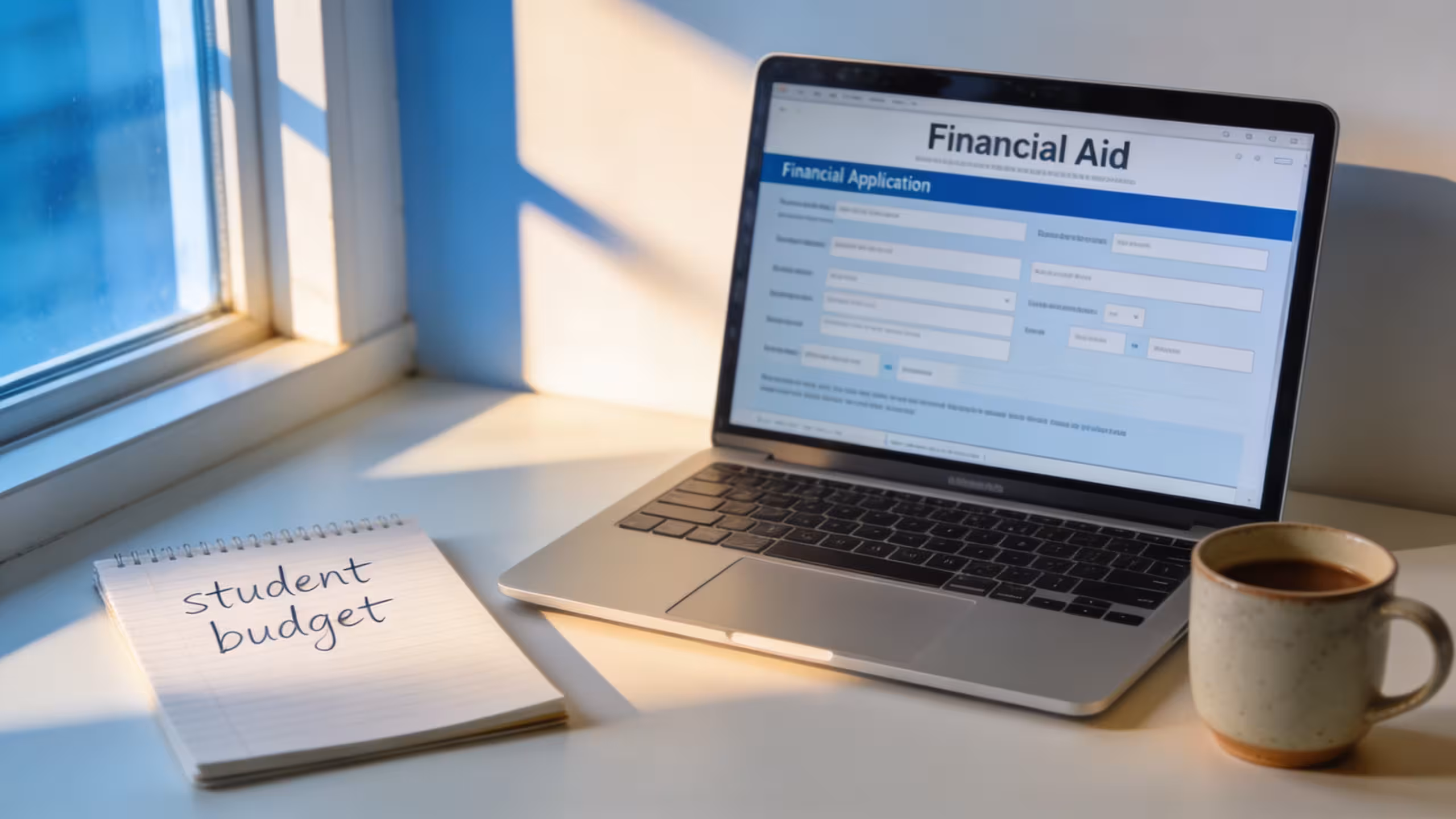 Student reviewing online college financial aid options on a laptop at a home desk, student loans concept