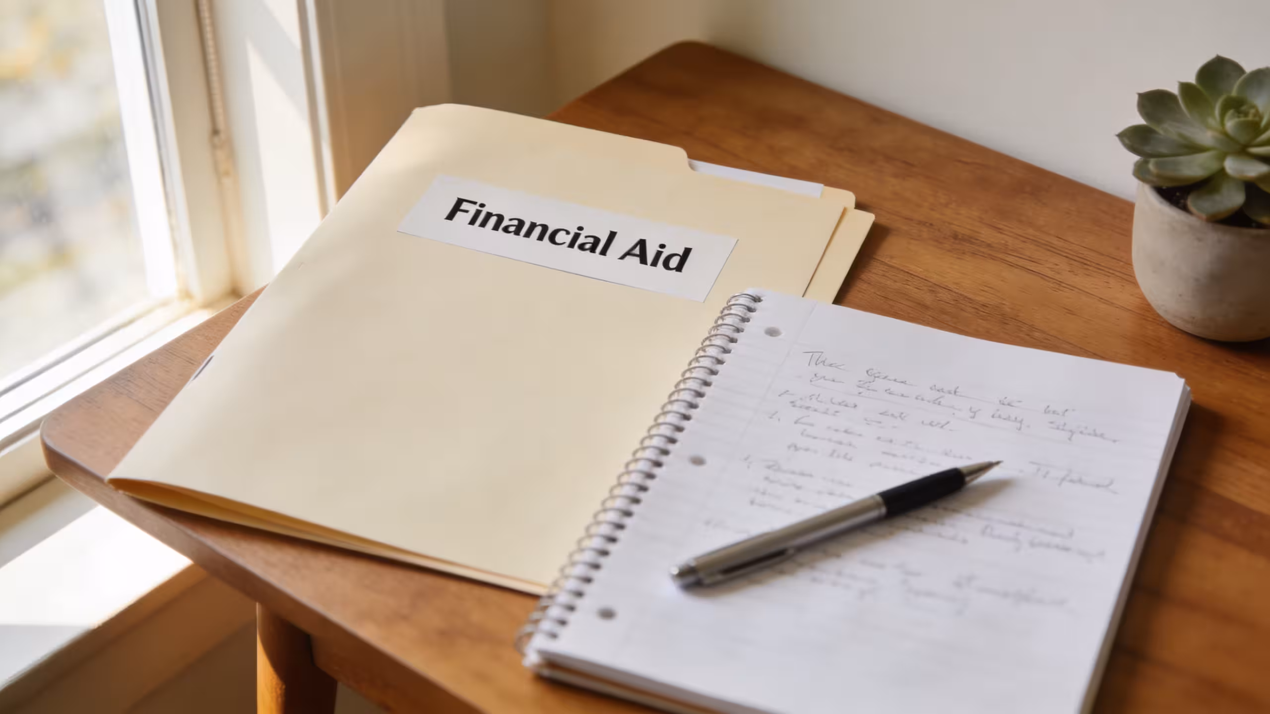 A student reviewing financial aid paperwork at a desk with a laptop, illustrating how to get student loans with bad credit