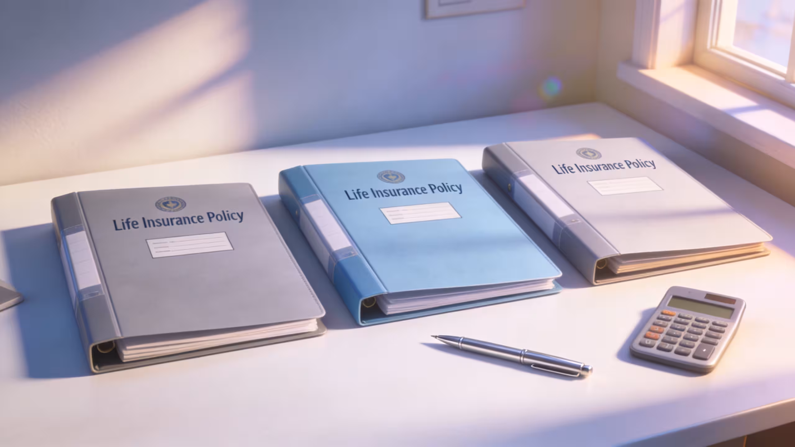 Life insurance policy documents spread on a clean desk with a calculator, illustrating multiple life insurance policies in force