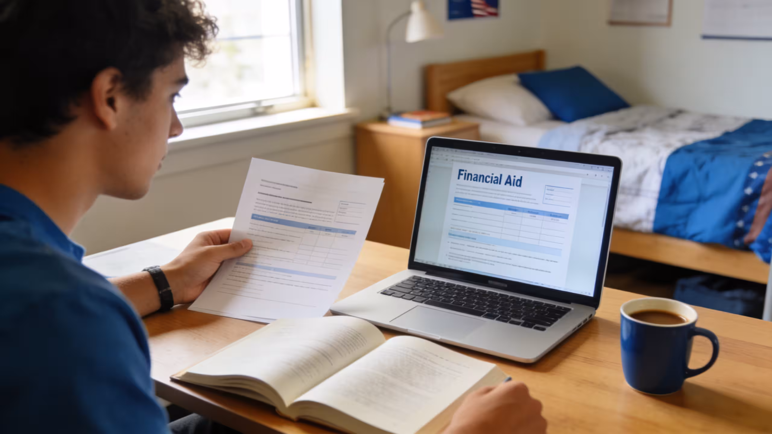 A student reviewing how student loans work on a laptop at a college campus, surrounded by textbooks
