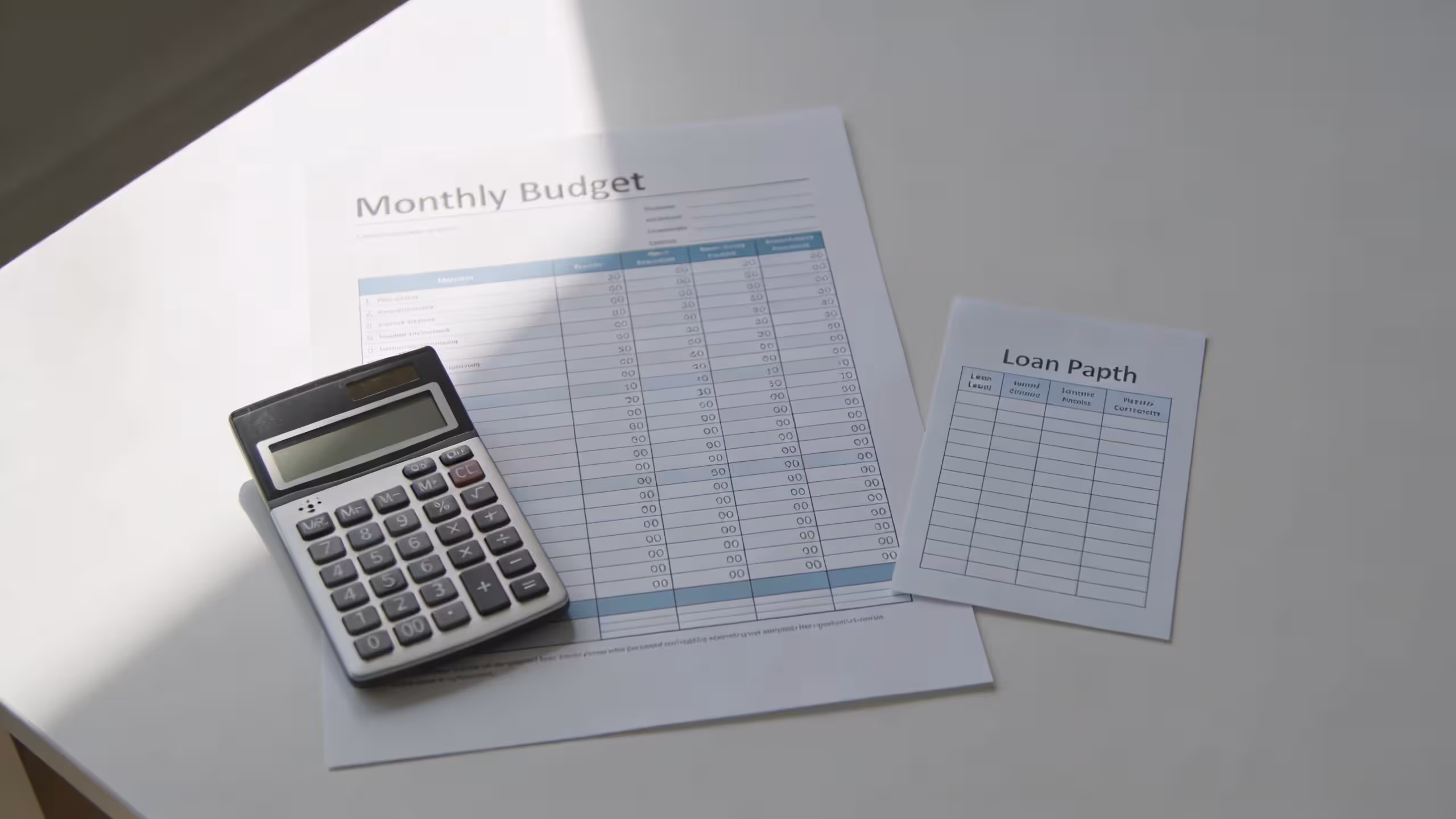 Calculator and monthly payment chart for a $5,000 personal loan on a clean desk, illustrating loan cost planning