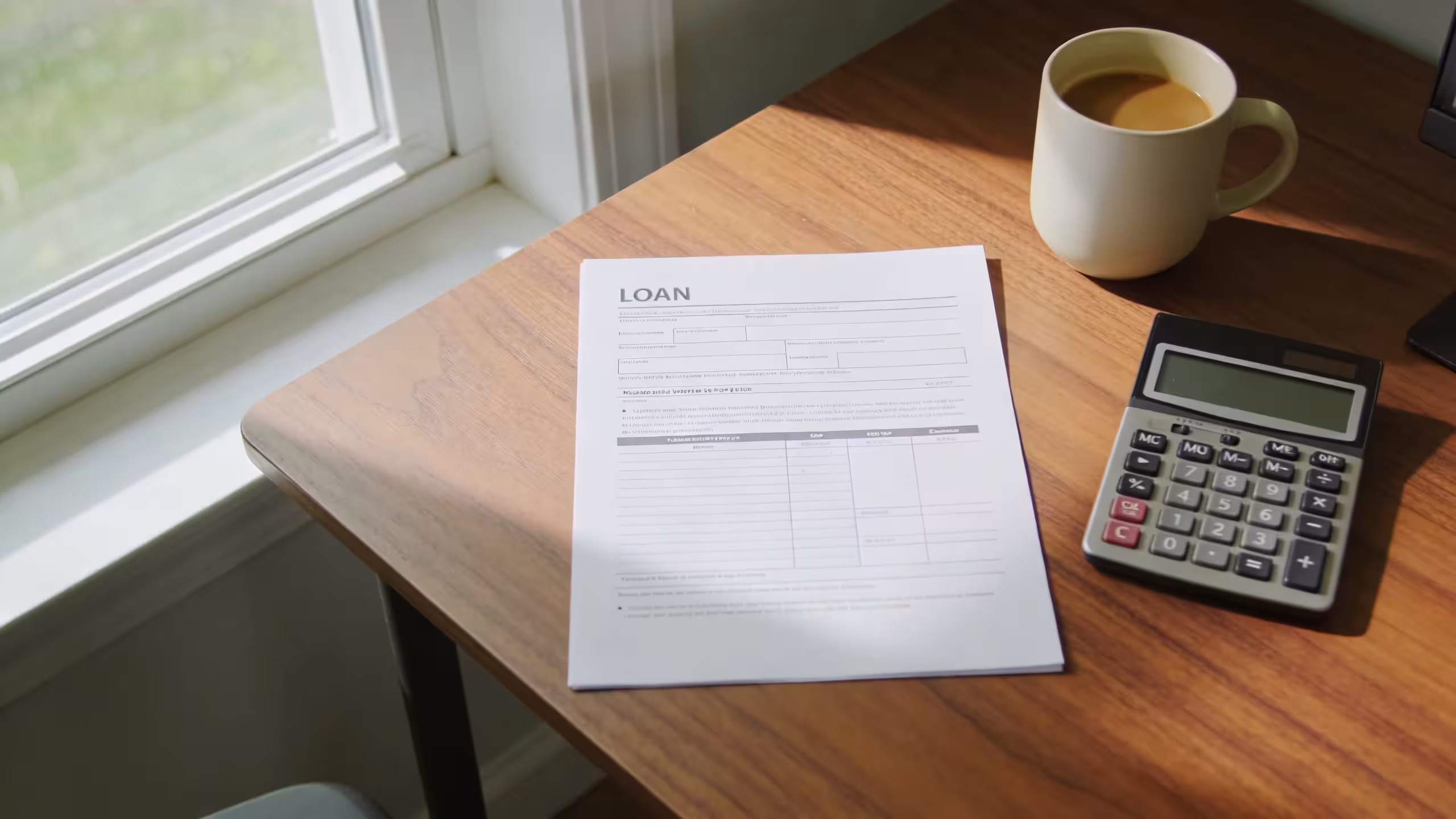 A person reviewing a personal loan agreement at a clean wooden desk with a laptop and documents, natural light, no faces visible