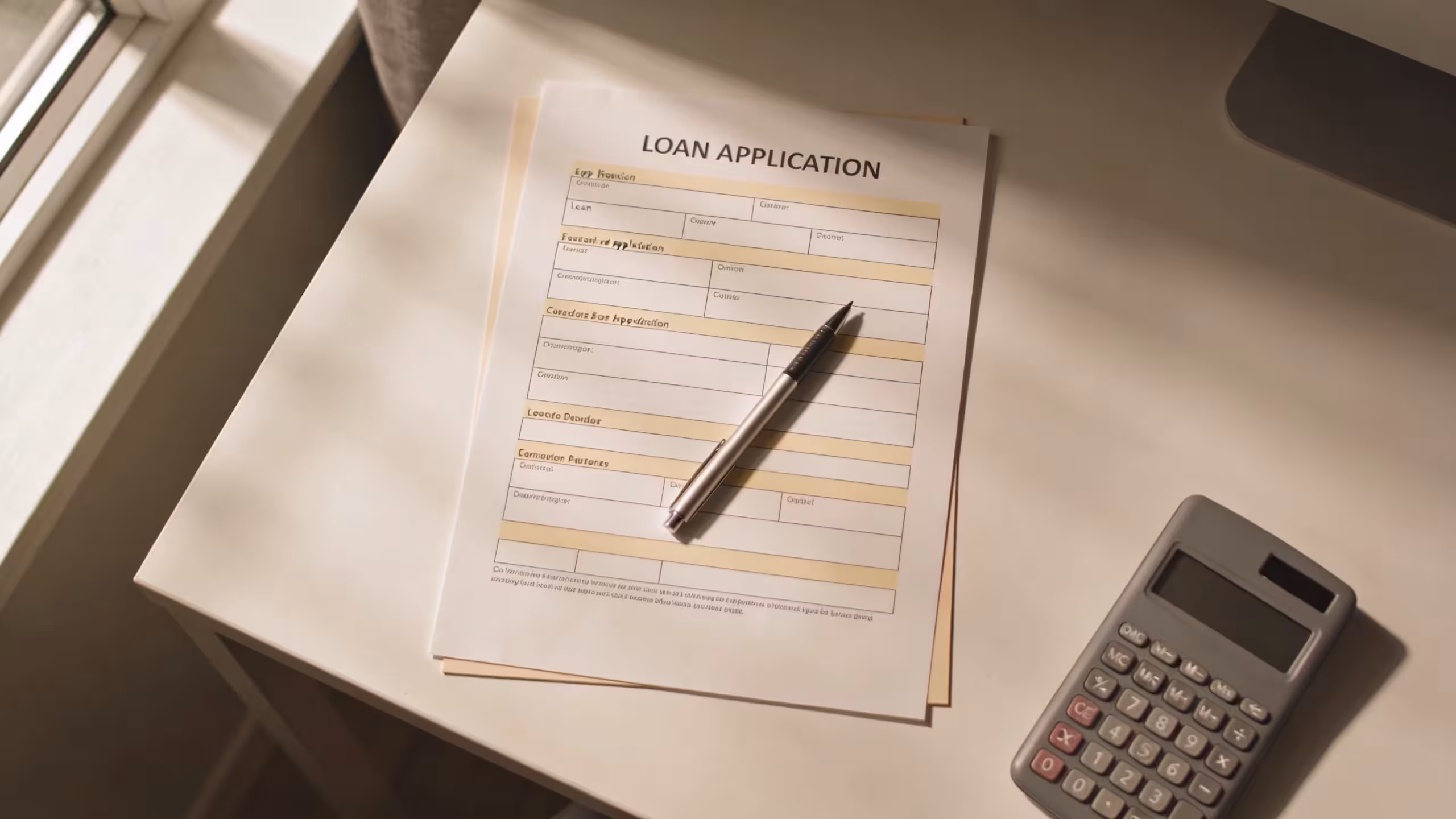 Clean desk with a loan application, pen, and calculator representing a personal loans without collateral application process