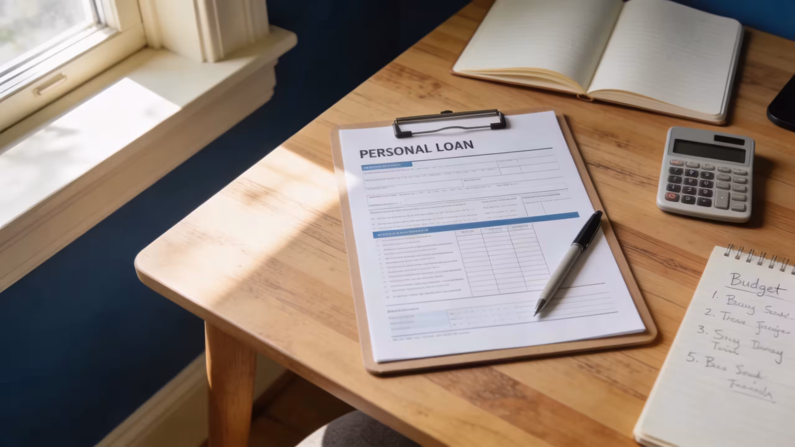 A young adult reviewing personal loan documents at a clean desk, personal loans for first-time borrowers concept, warm natural light