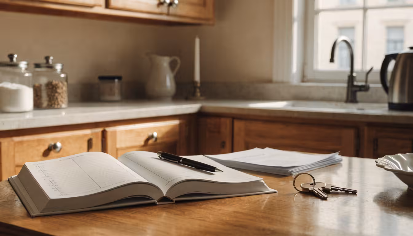 Renters insurance cost per month shown as a monthly budget planner on a desk with keys and a policy folder