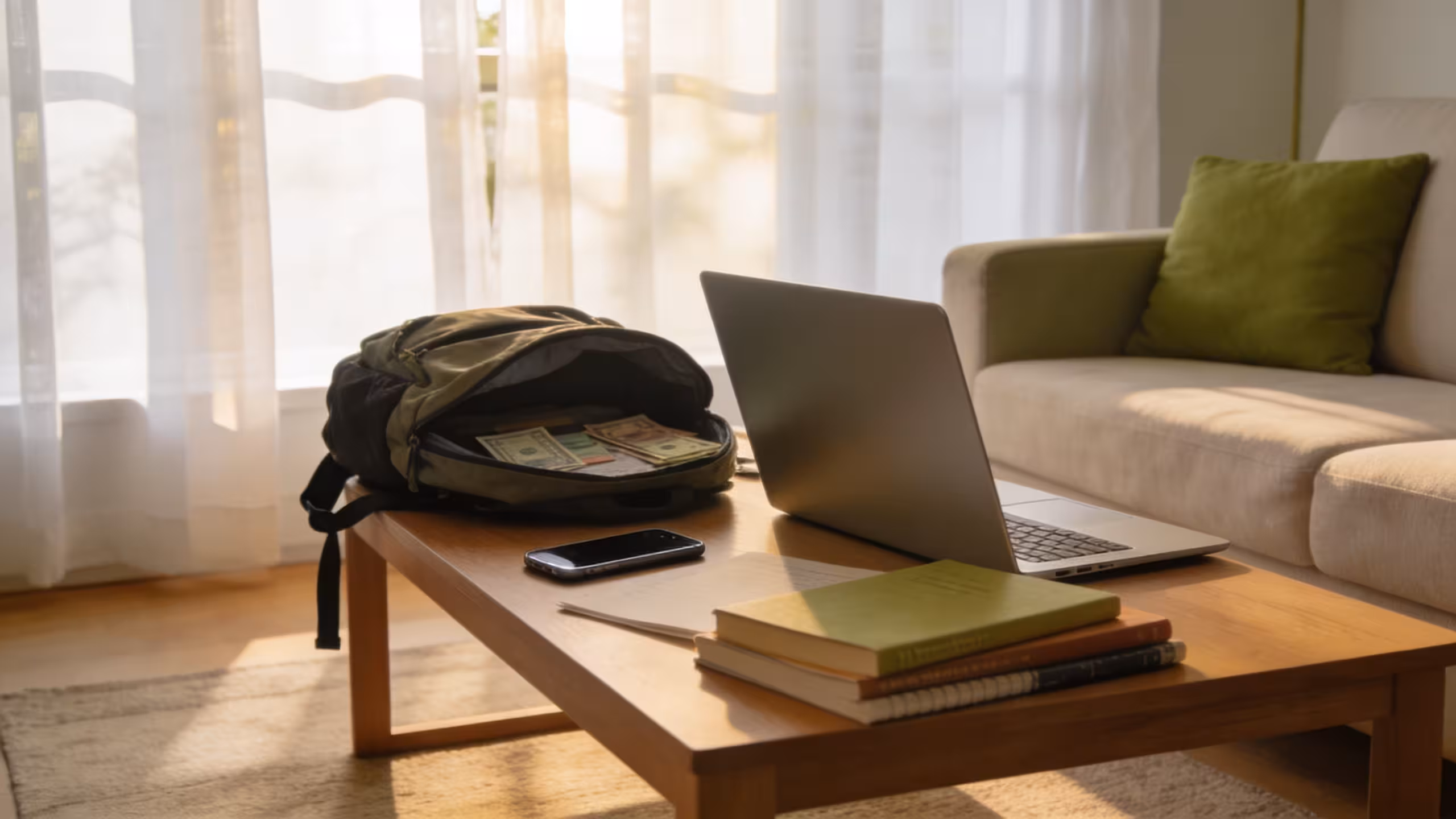 College student reviewing renters insurance cost documents at a desk in an off-campus apartment, organized papers and laptop visible
