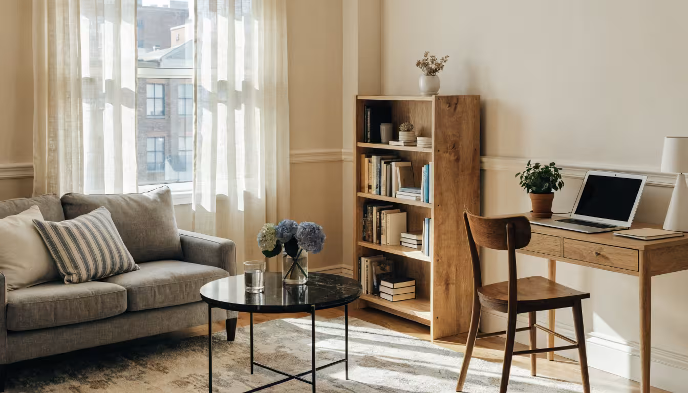 Bright one-bedroom apartment living room illustrating renters insurance cost for a 1 bedroom apartment