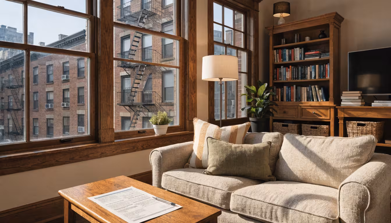 Apartment interior with personal belongings and renters insurance coverage limits policy document on coffee table