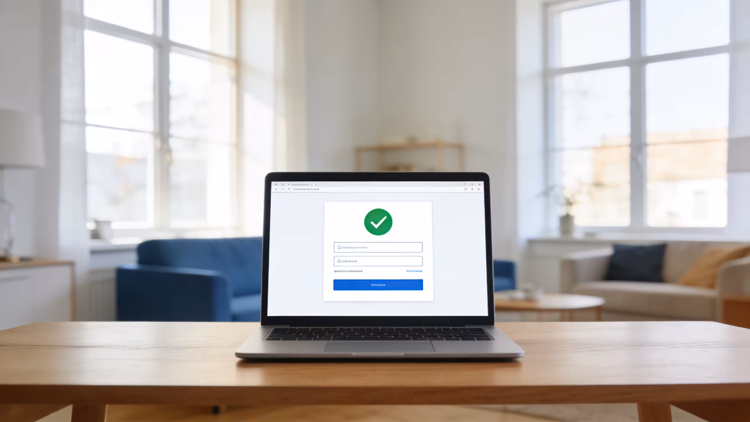 Person completing a renters insurance instant coverage online application on a laptop at a modern apartment desk