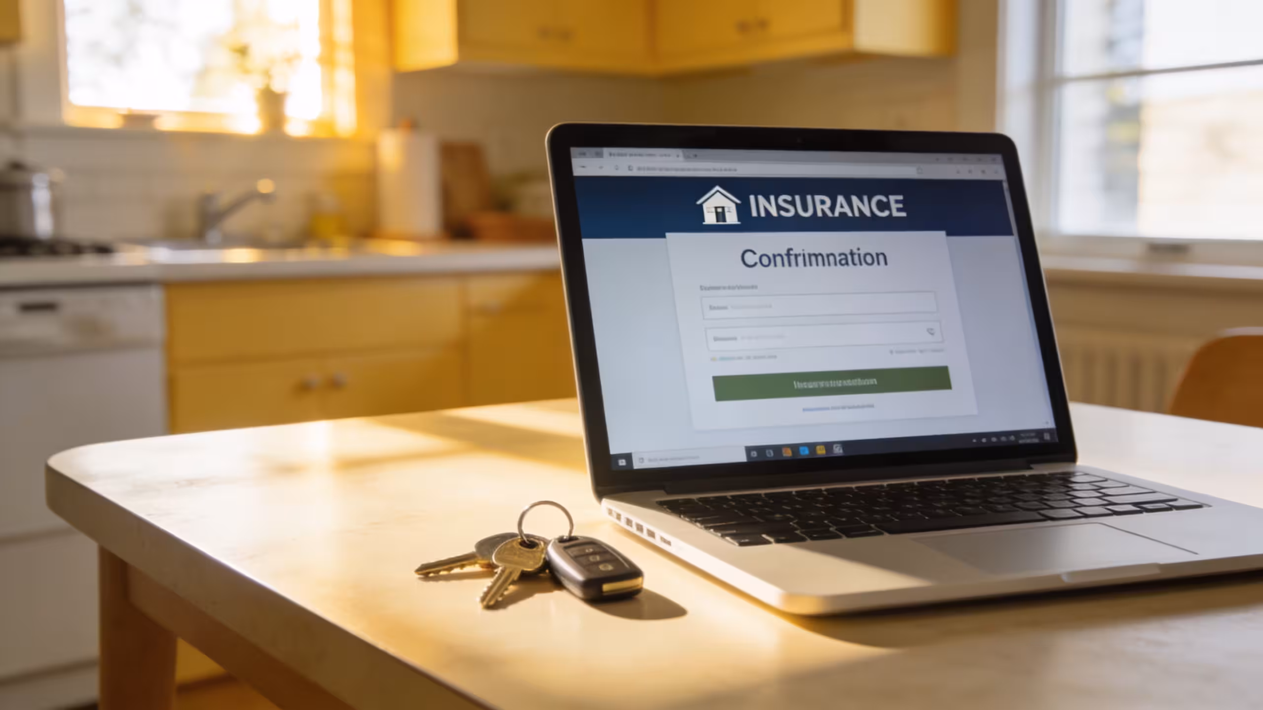Person reviewing a renters insurance same day policy confirmation on a laptop at a kitchen table, bright natural light, American apartment setting.