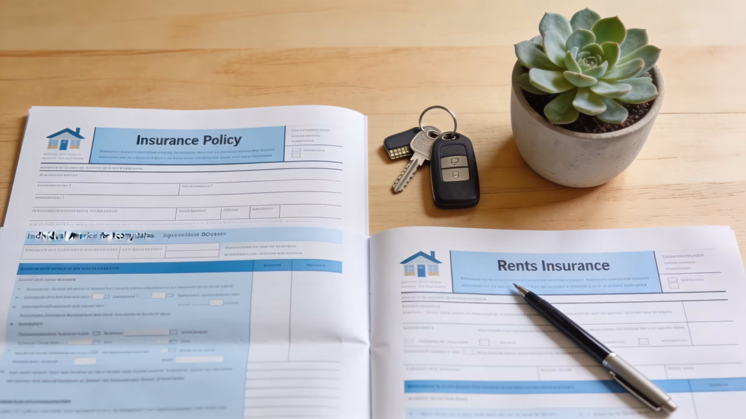 Renters insurance for roommates separate policies: two insurance policy documents side by side on a desk with apartment keys