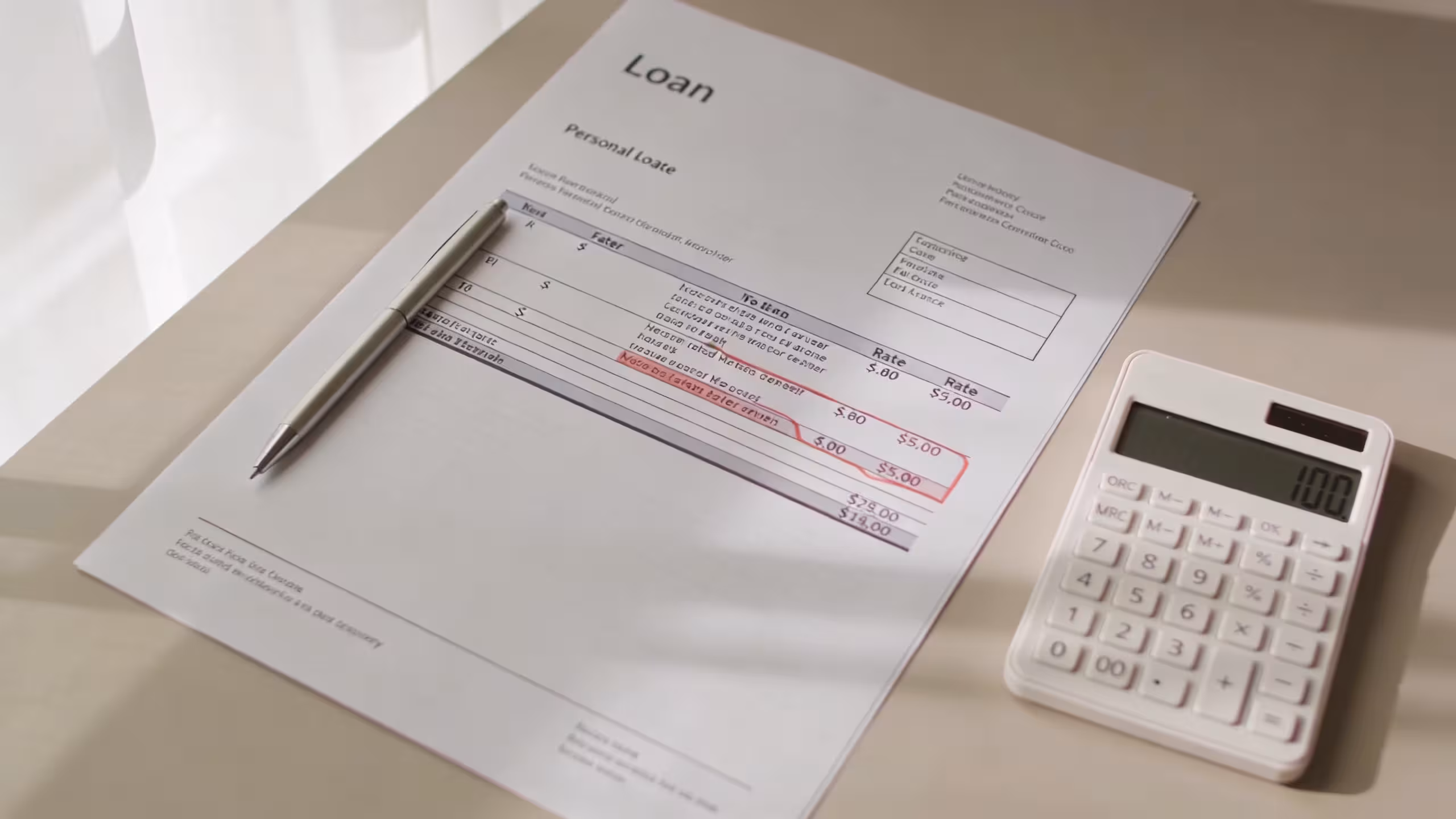 A person reviewing personal loan interest rate documents at a clean desk with a calculator and laptop, professional editorial style