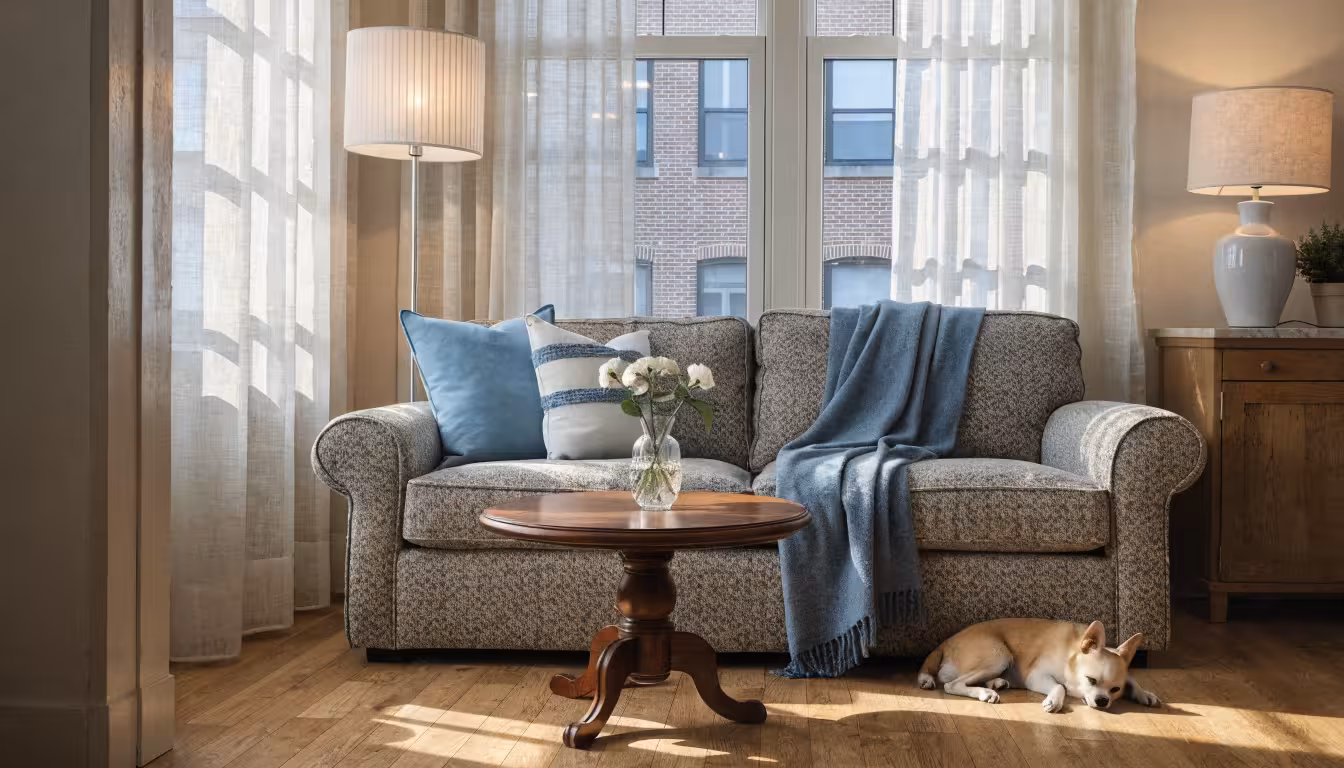 Modern apartment living room representing personal liability in renters insurance coverage and home protection