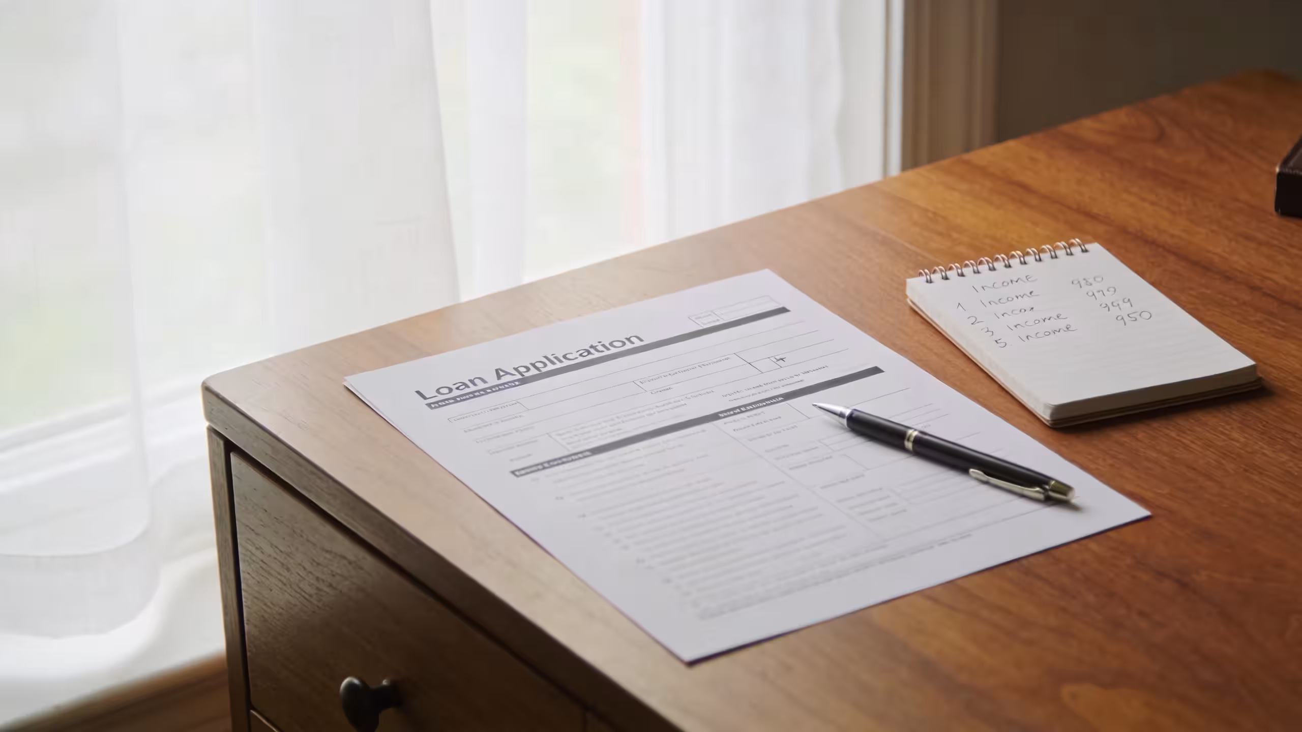 Person reviewing personal loan application with no credit history, organized paperwork on a clean desk, professional setting