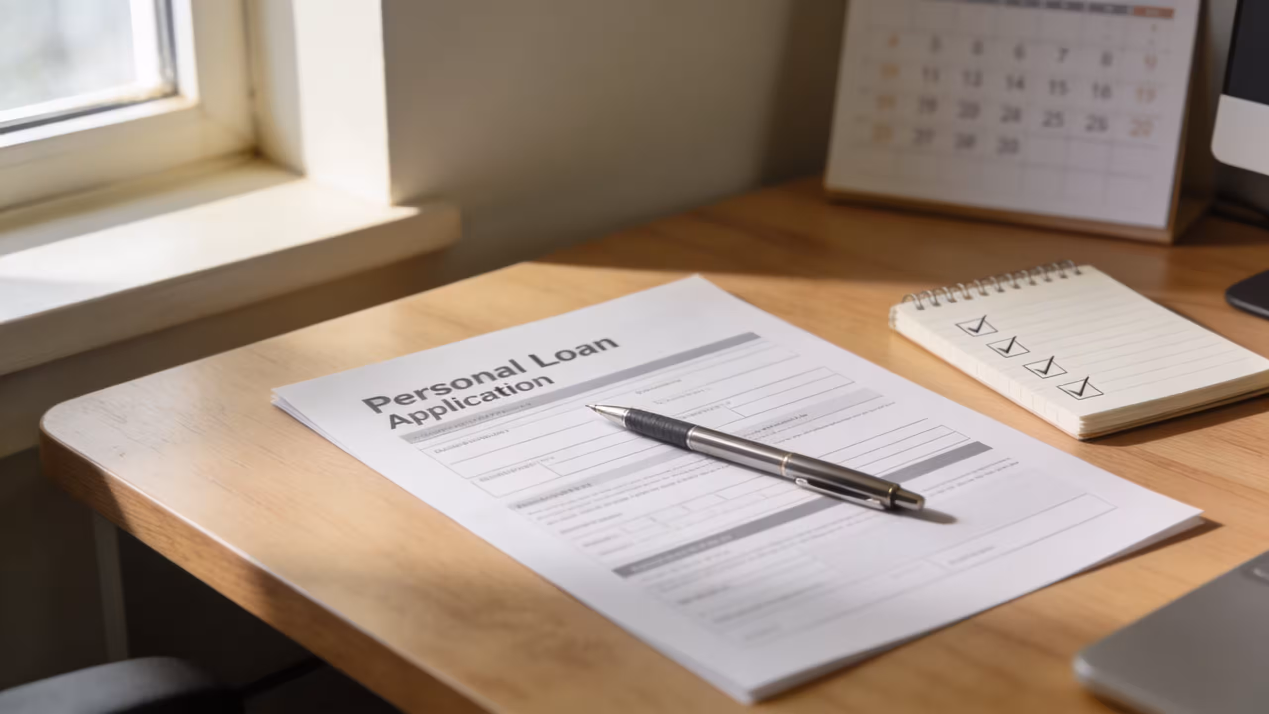 Loan application documents on a desk after a personal loan denied decision, with pen and notepad ready for next steps
