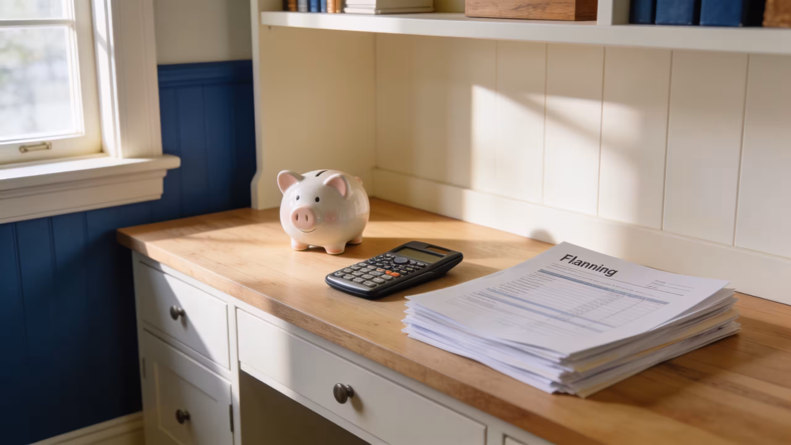 A clean desk with financial documents, a calculator, and a piggy bank representing alternatives to payday loans