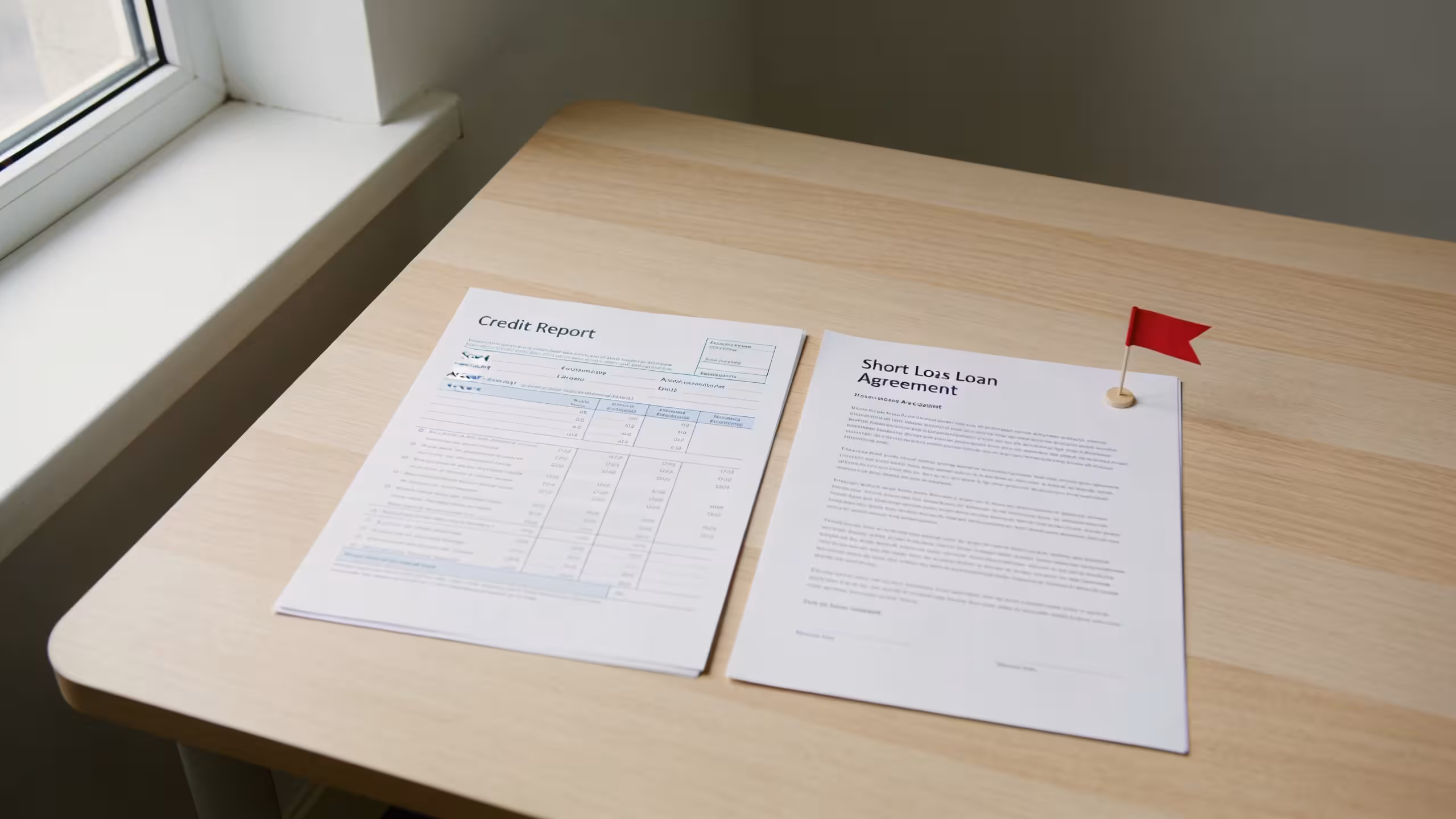 A credit report document and a short-term loan agreement placed side by side on a clean desk, showing how payday loans can hurt your credit score