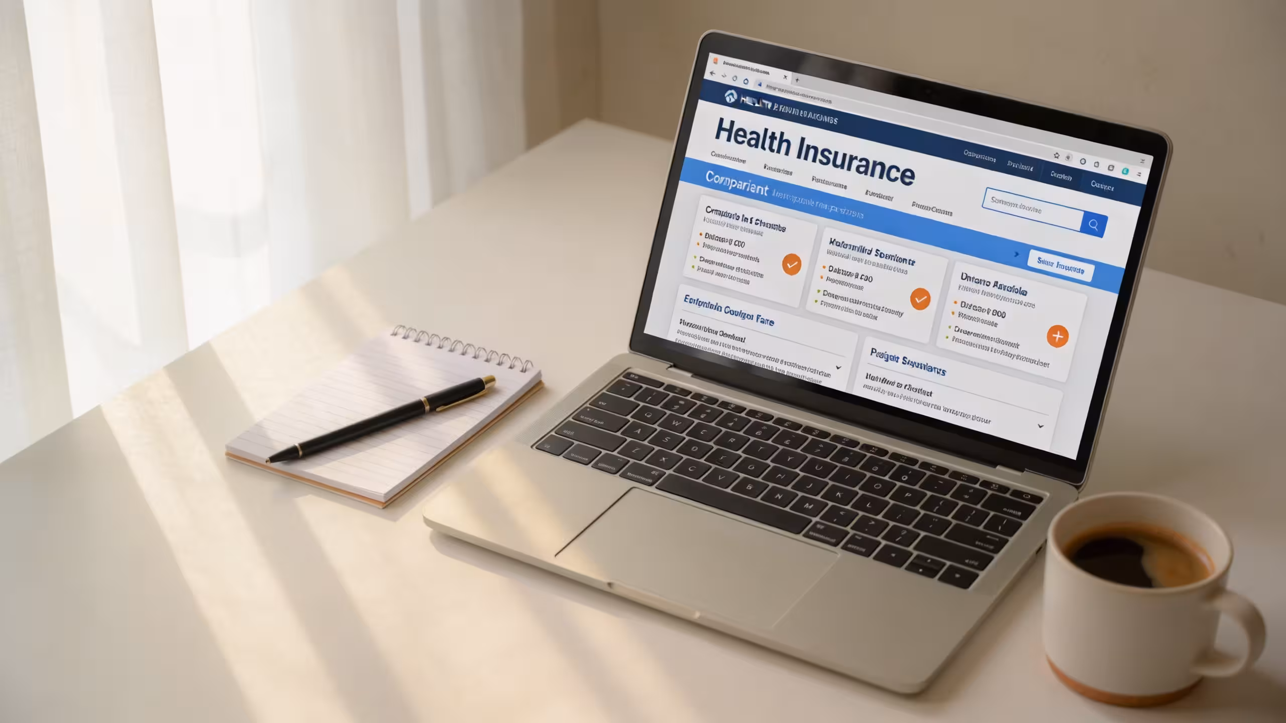 Person reviewing health insurance options on a laptop at a home desk, health insurance without a job concept