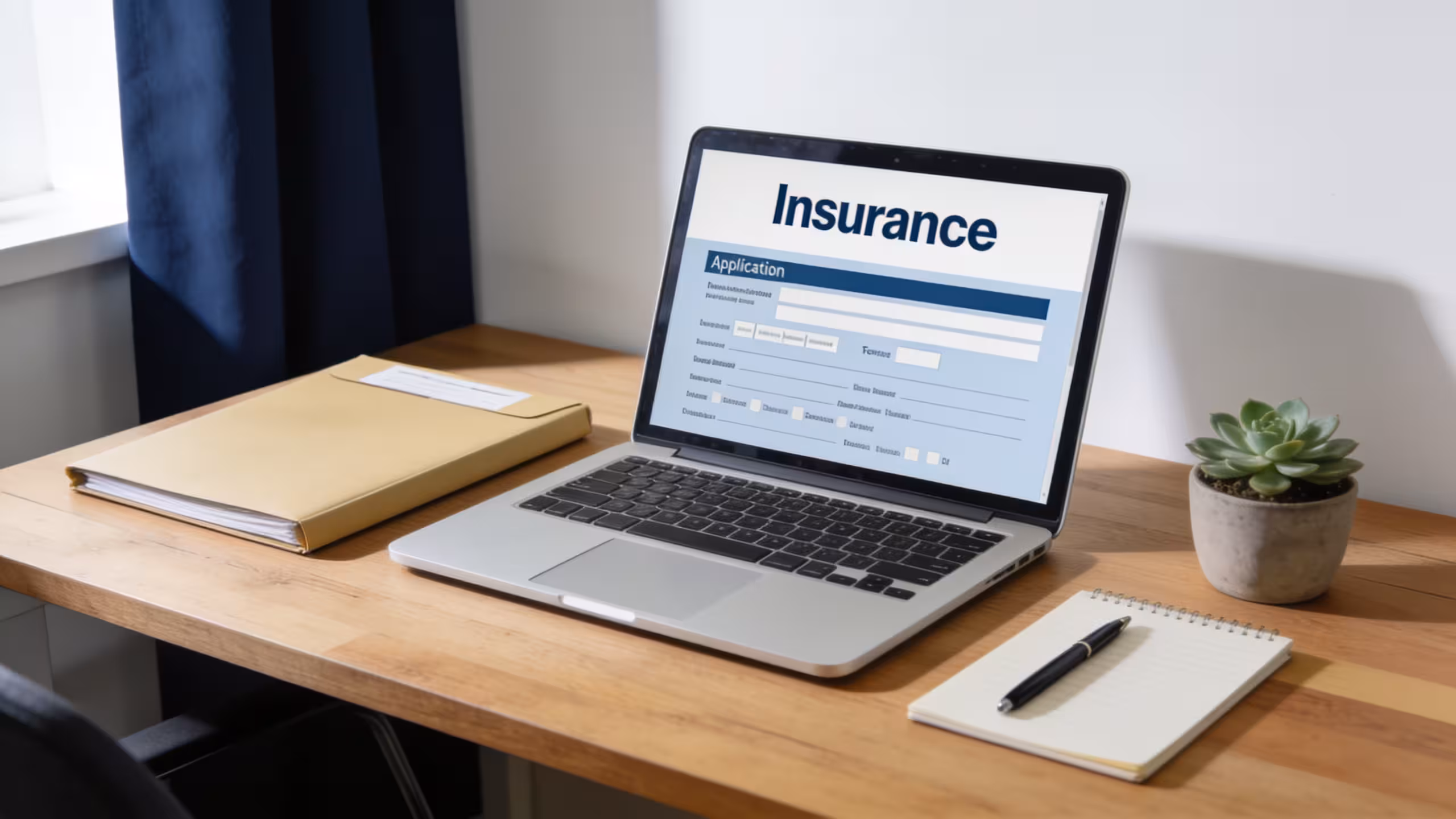 Life insurance without a medical exam: open laptop displaying an online application form beside a policy document folder, clean desk, professional setting