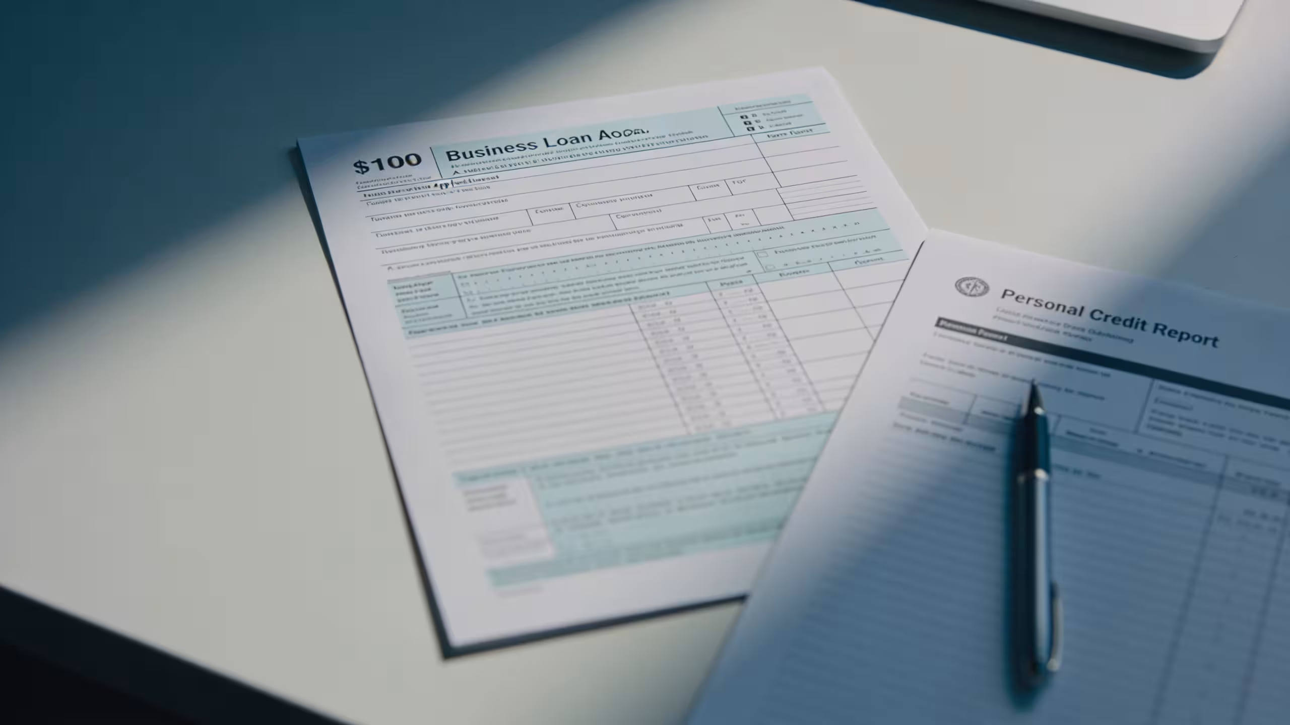 Business credit application documents and personal credit report on a desk, representing business loan using personal credit