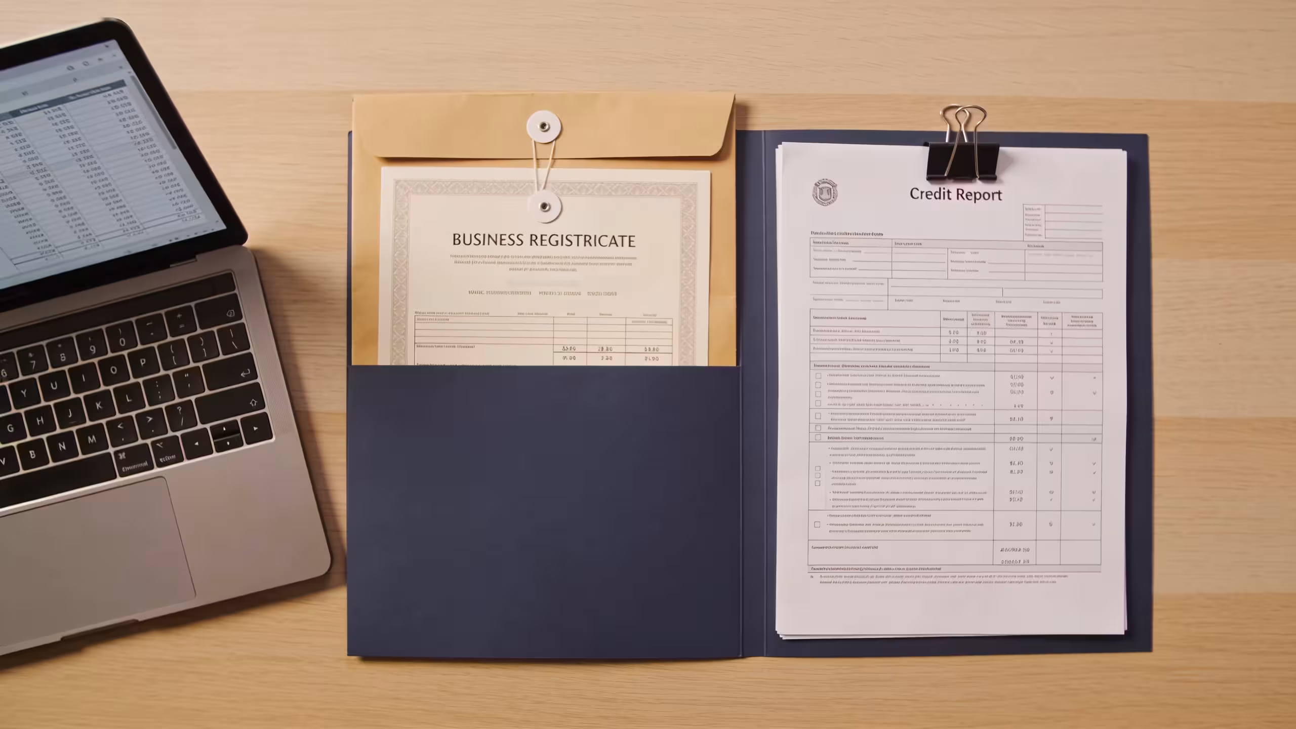 Business credit application documents and personal credit report on a desk, representing business loan using personal credit