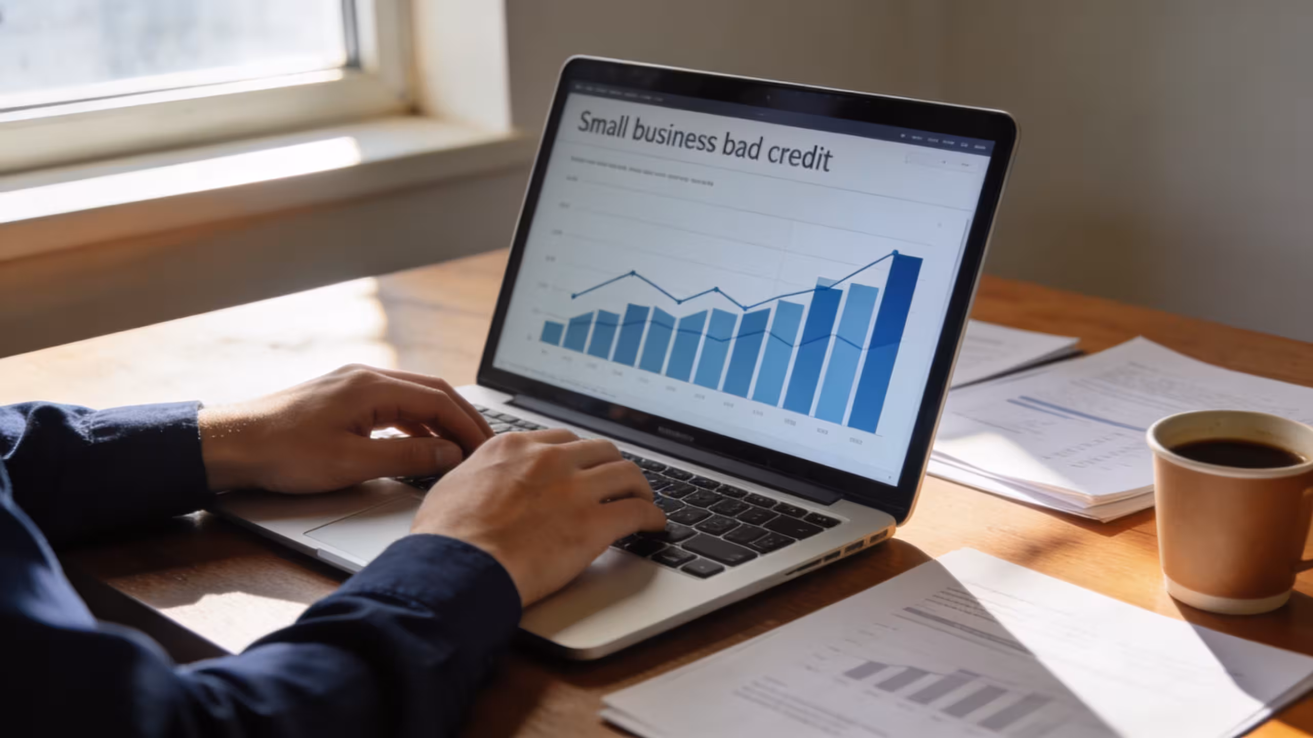 An owner searching for a small business loan with bad credit on a laptop at a clean desk
