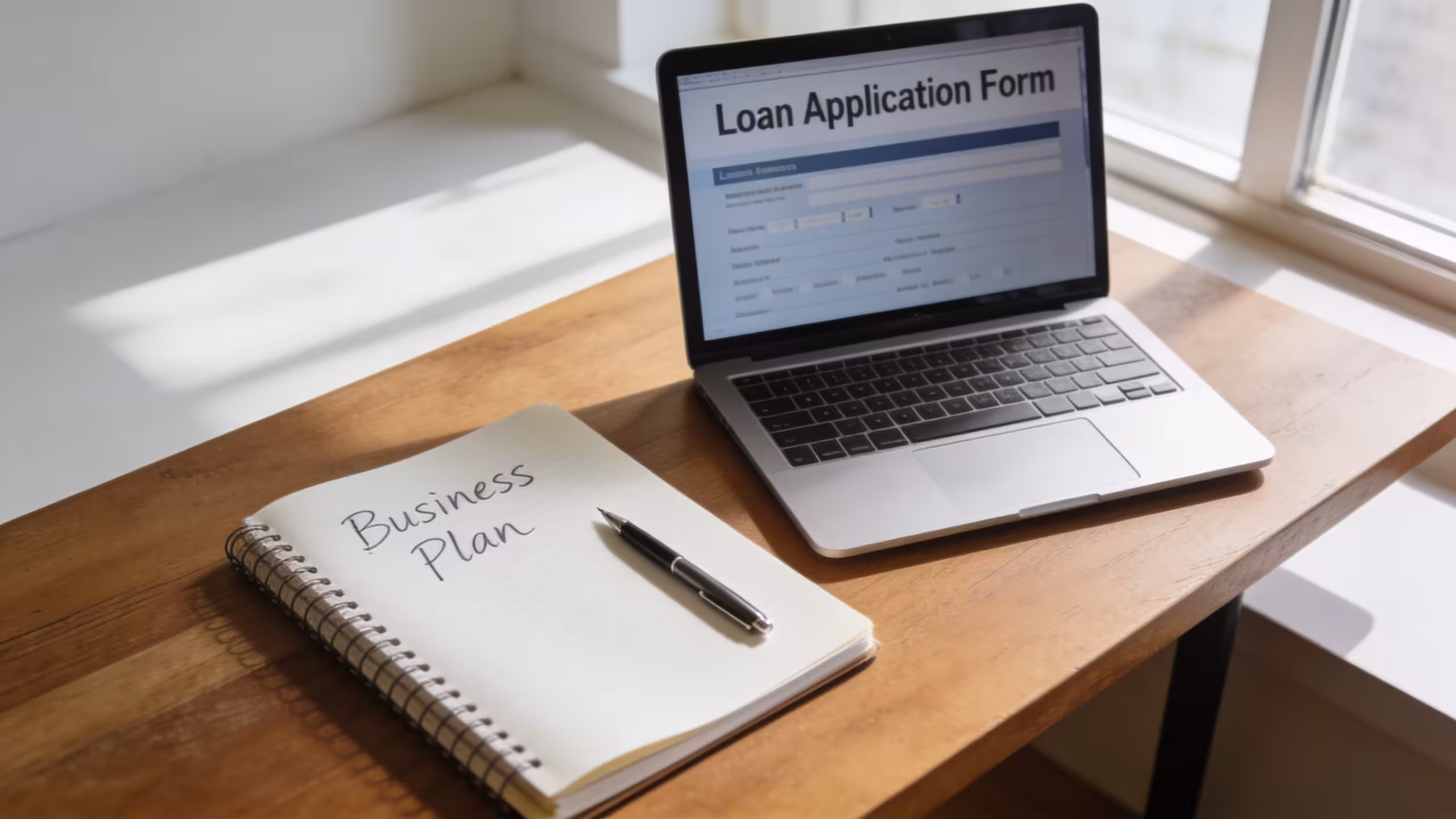 Small business loan application on a laptop beside a business plan notebook on a desk, clean natural lighting.