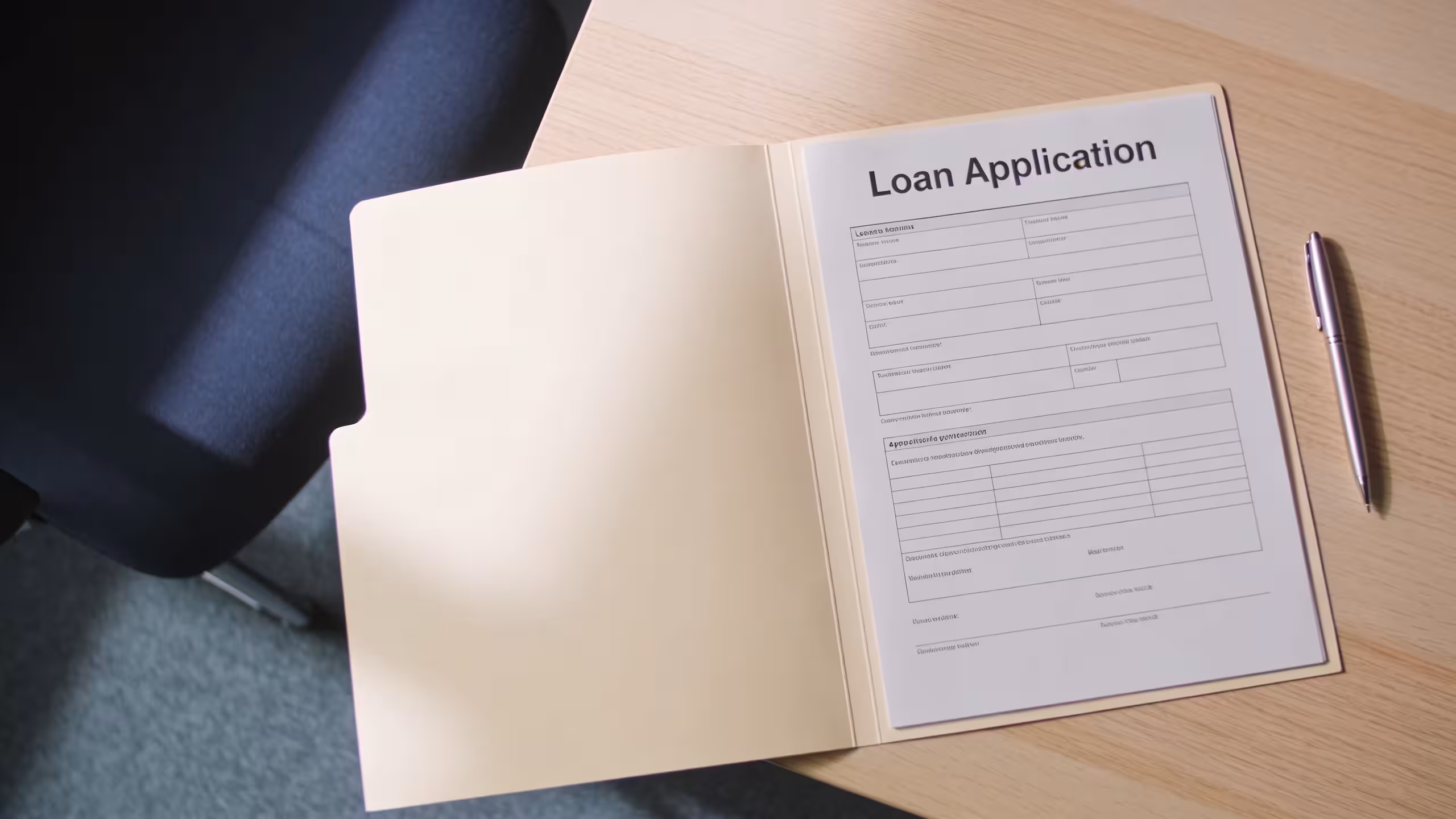 Small business loan application folder and pen on a clean office desk, representing financing options without a business plan, no people