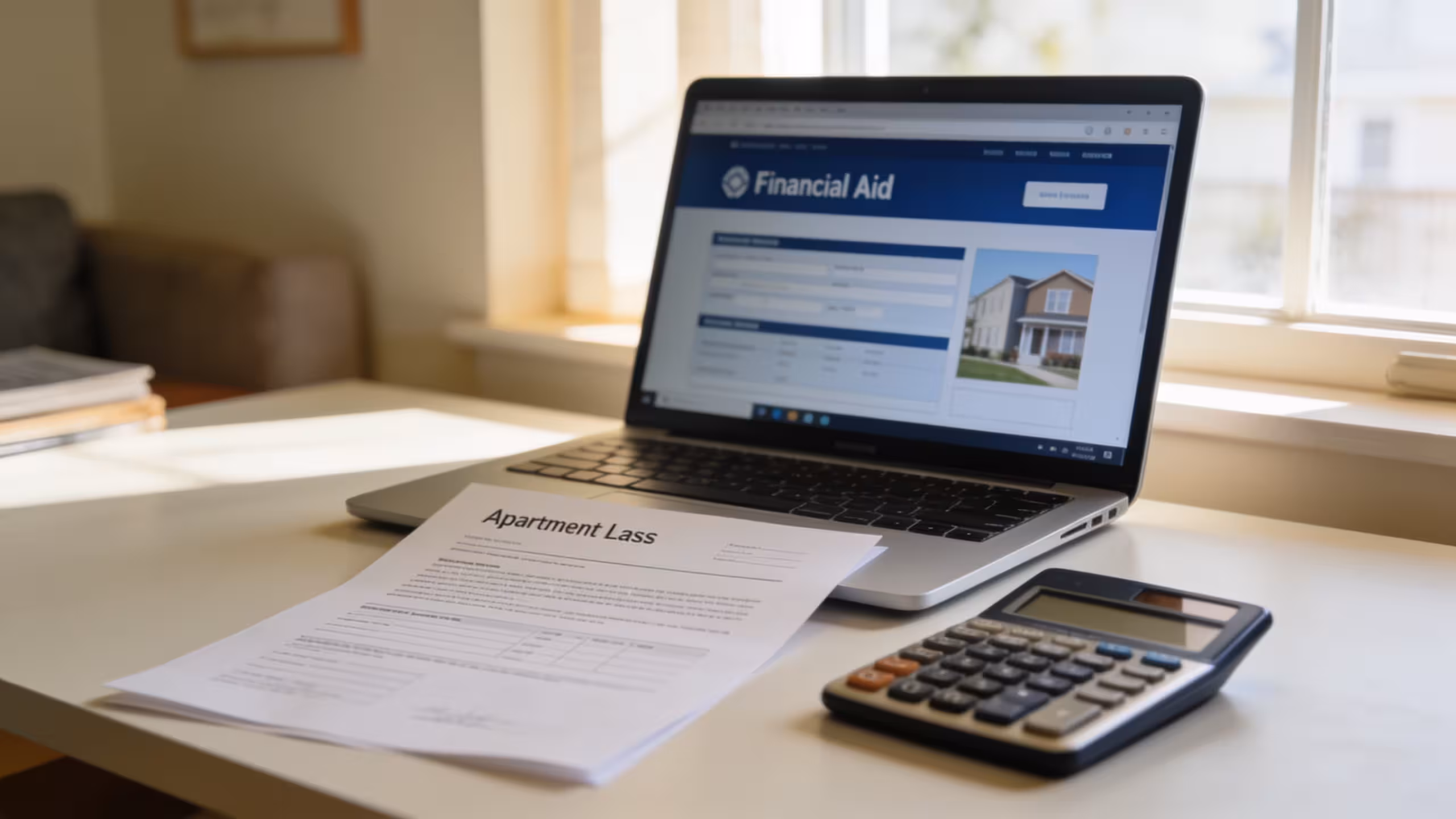 Lease paperwork and a calculator on a desk illustrating how to use student loans for rent