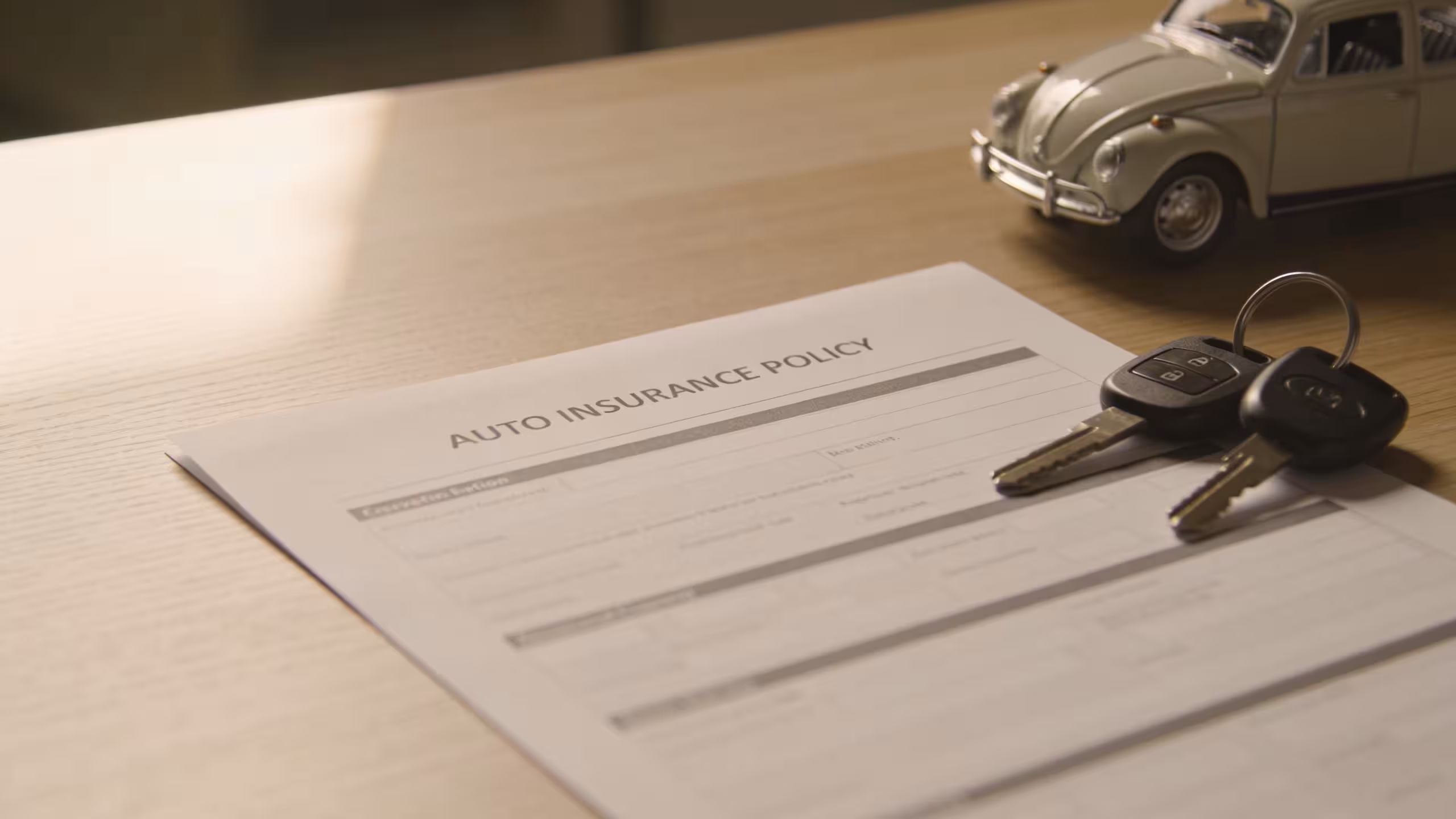 Auto insurance policy documents and car keys on a desk, representing comprehensive coverage for deer collisions