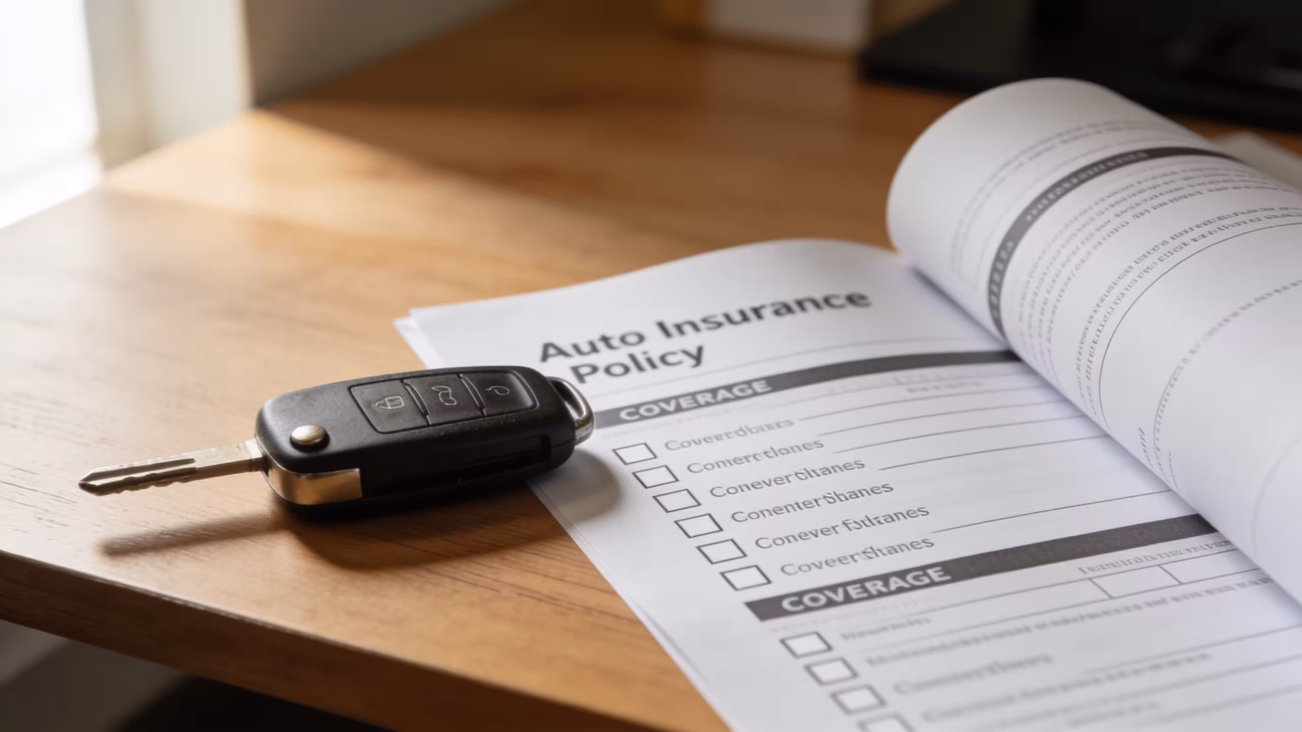 Car keys and auto insurance policy documents on a desk, illustrating does auto insurance cover stolen cars