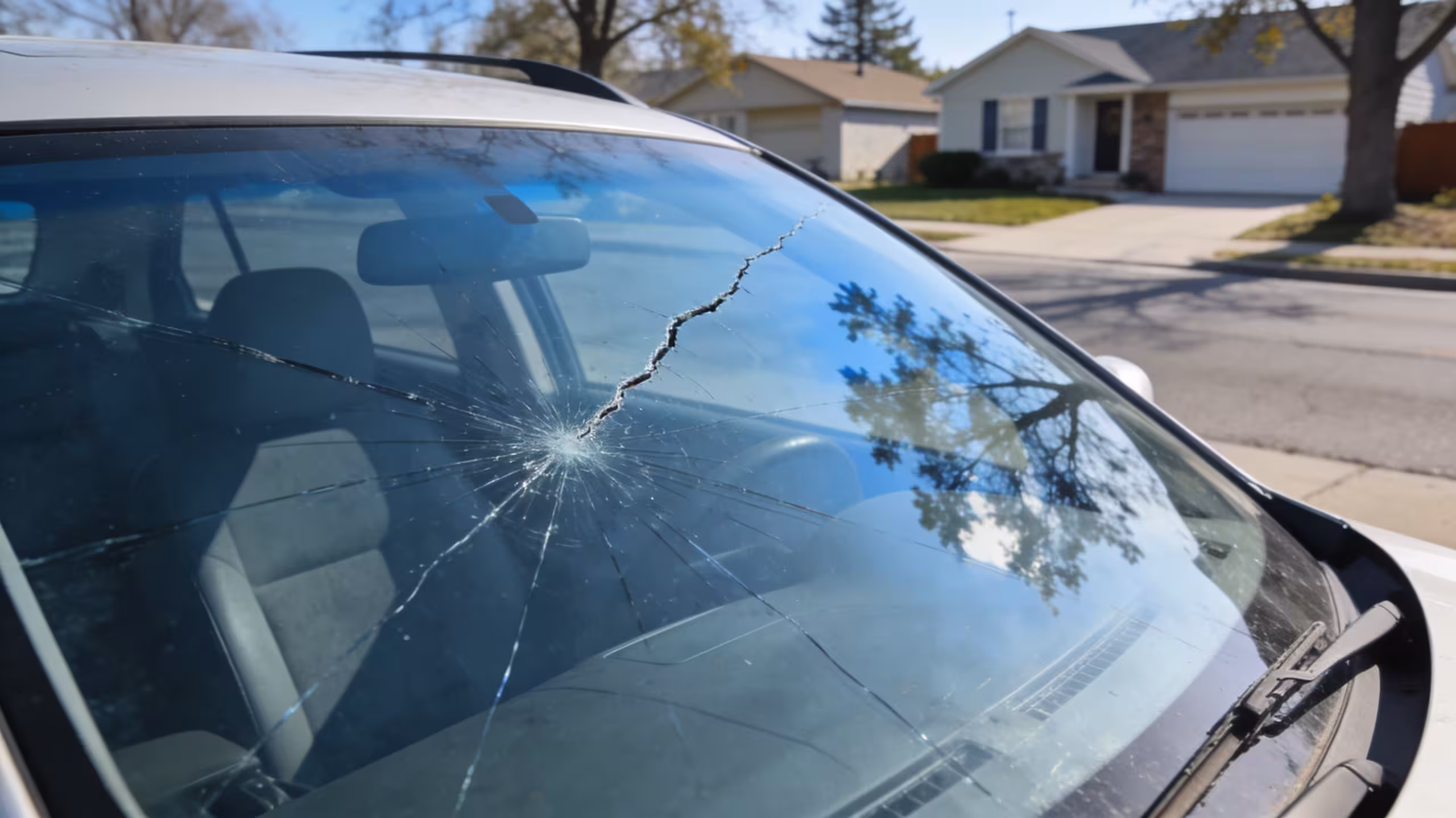 Cracked windshield on a parked car illustrating does auto insurance cover windshield replacement, clear daylight, no people
