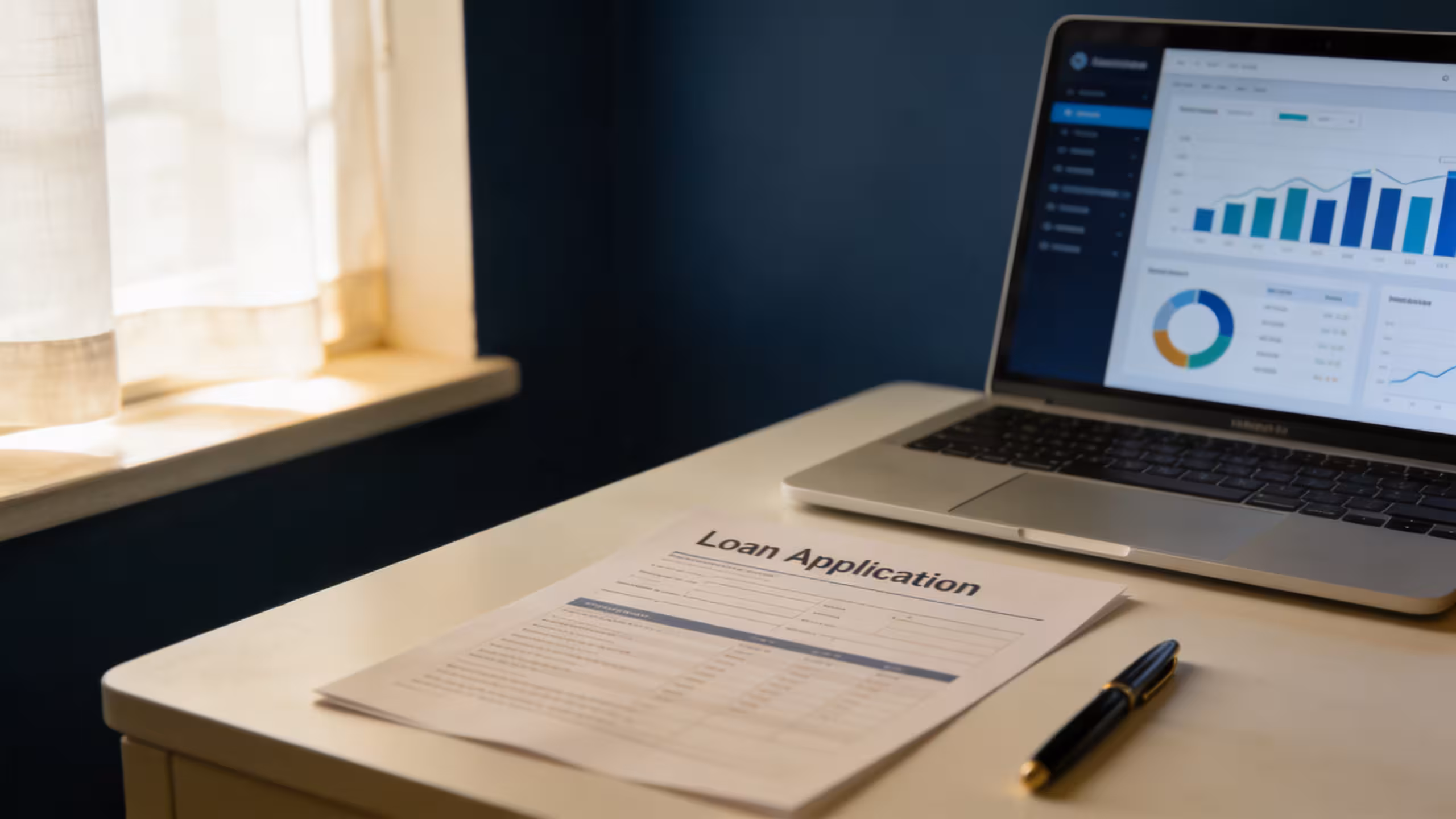 A small business owner reviewing loan documents at a clean desk, illustrating how small business loans work