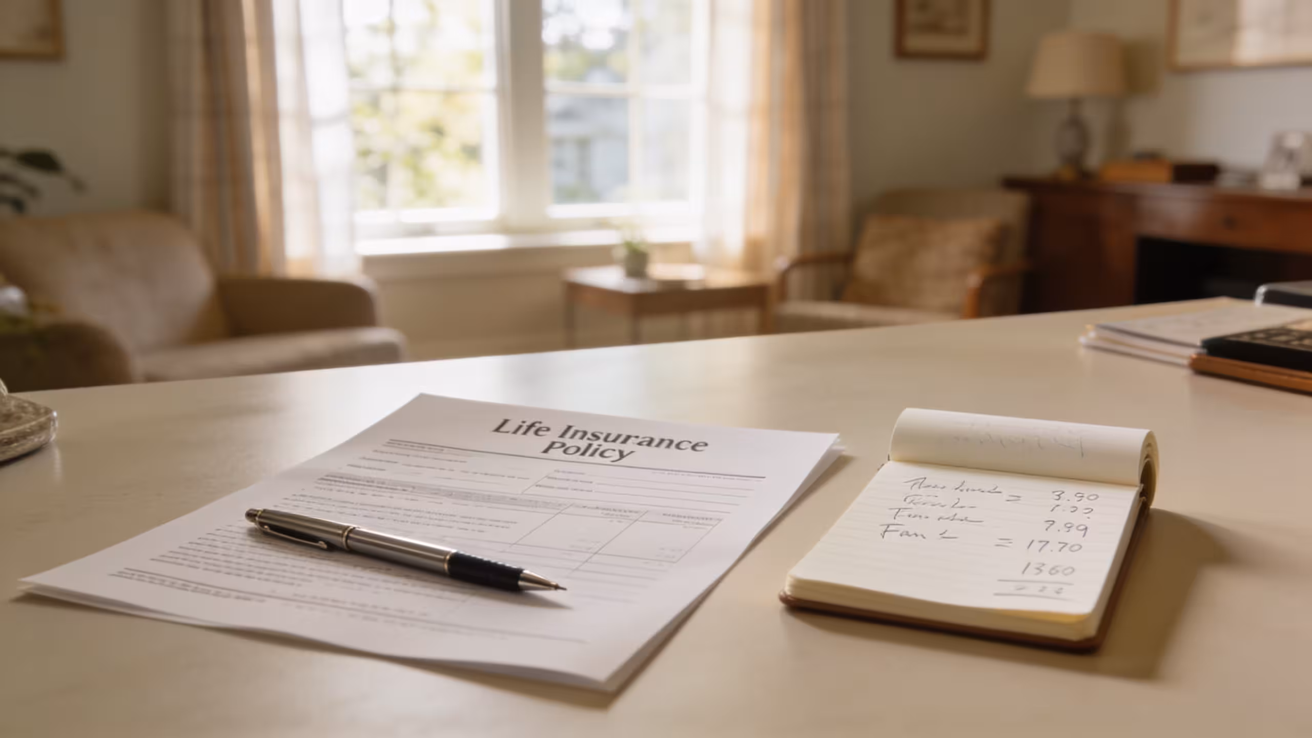 Life insurance policy documents and a pen on a family home desk with soft natural lighting
