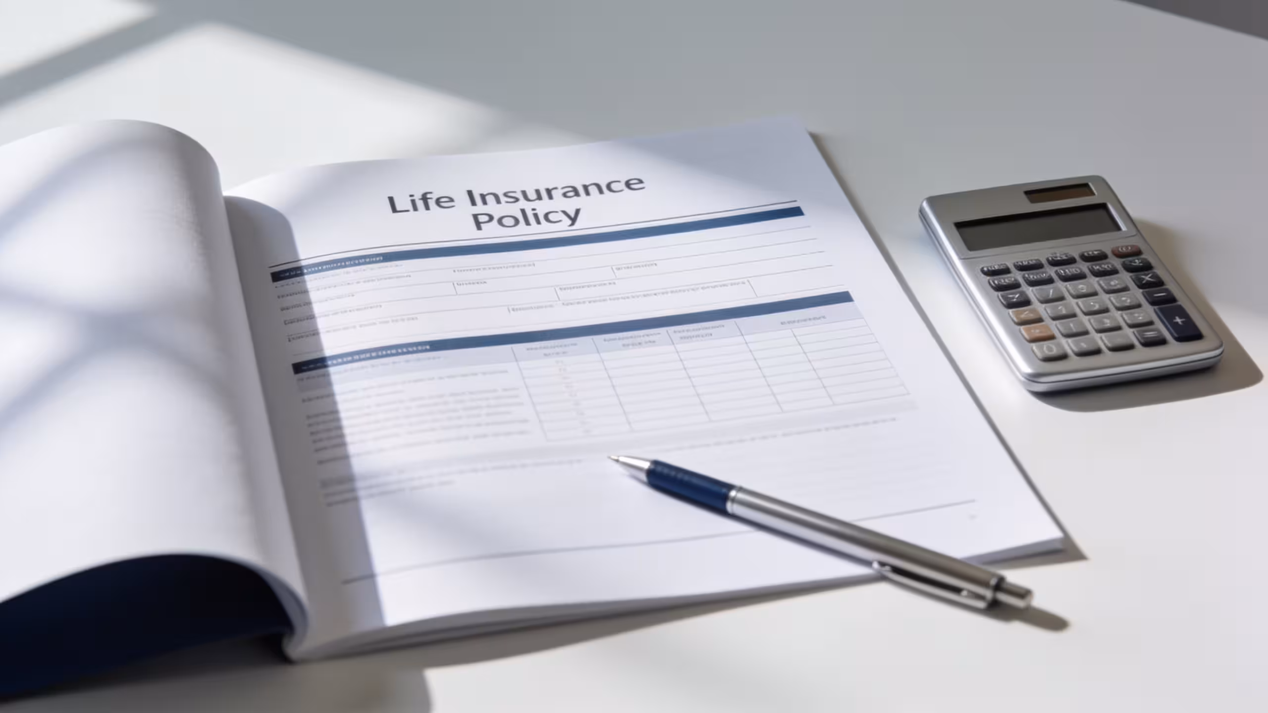Life insurance policy documents and a calculator on a clean white desk — single person coverage planning