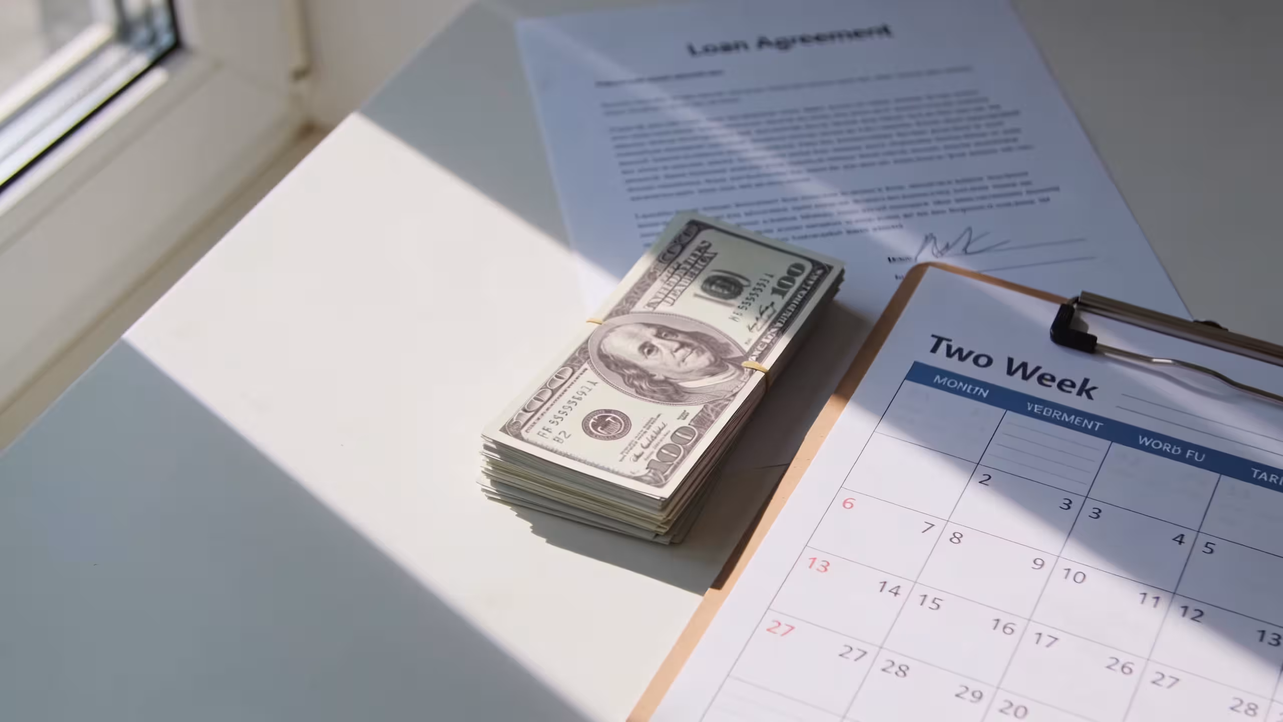 Cash and a loan agreement on a desk illustrating how payday loans work, with a calendar showing a two-week period