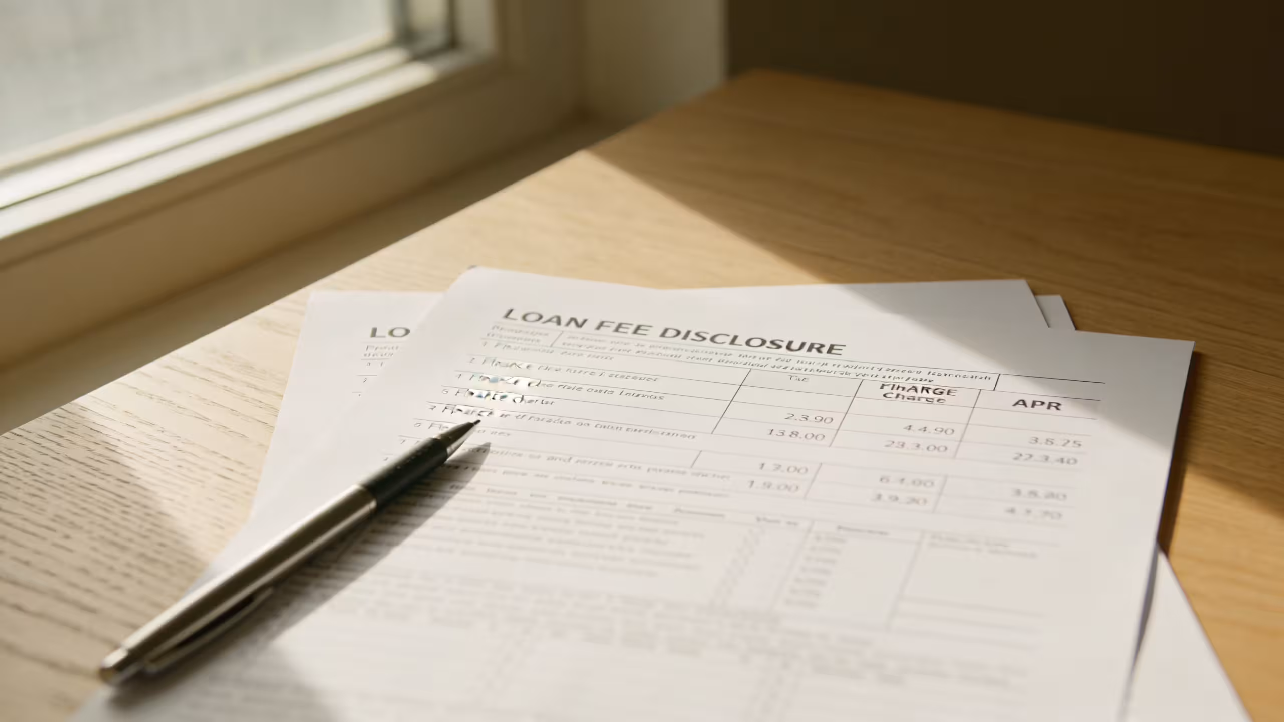 Payday loan fees explained: loan document with fee schedule on a desk, editorial style, clean professional setting