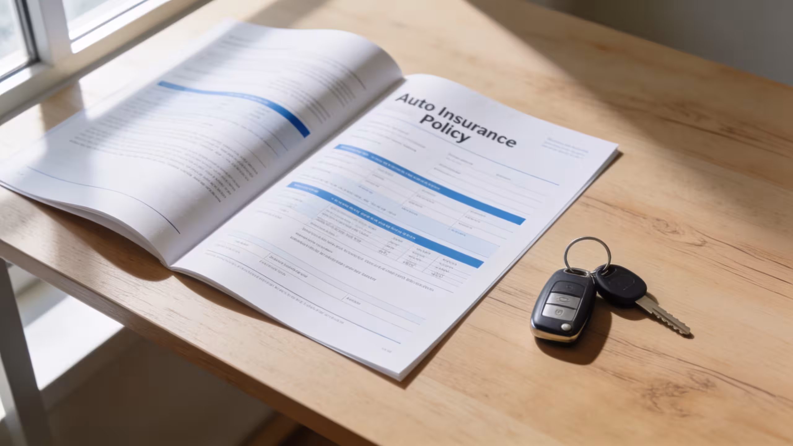 Policy documents and car keys on a clean desk illustrating what does auto insurance actually cover