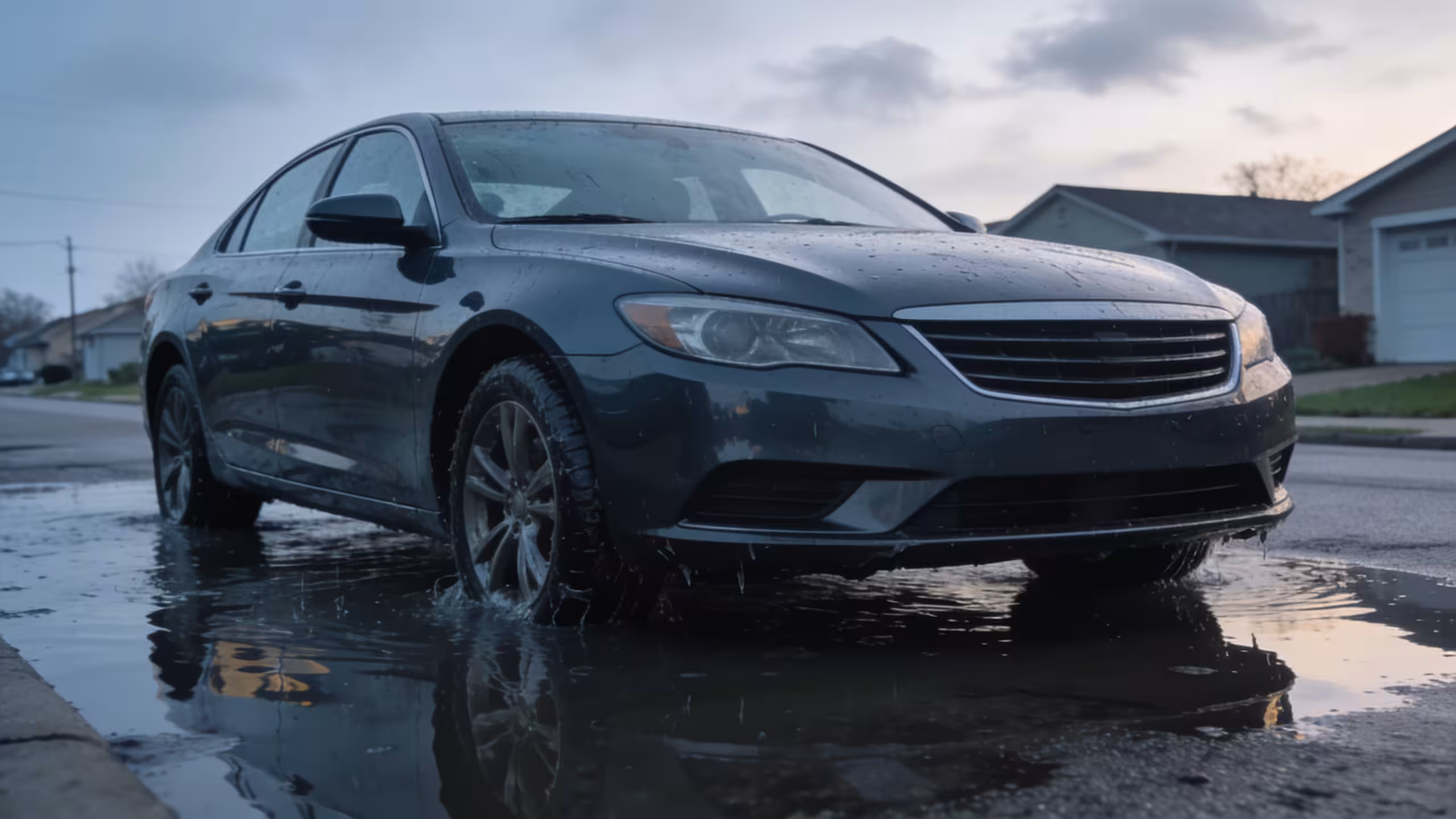 Car parked on a flooded street with standing water, illustrating what does auto insurance not cover