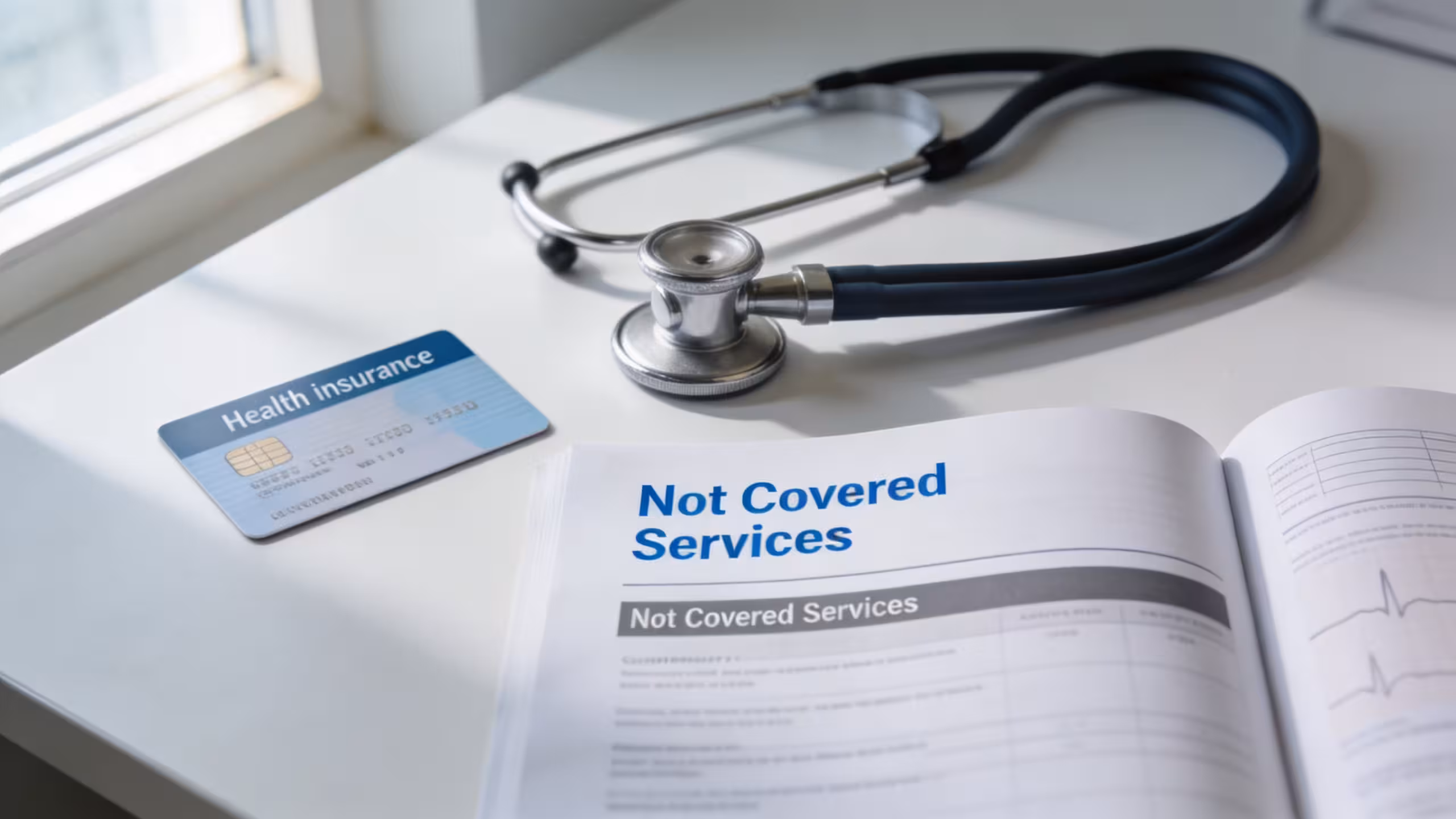 Health insurance documents and a stethoscope on a clean desk, illustrating what health insurance does not cover, editorial style