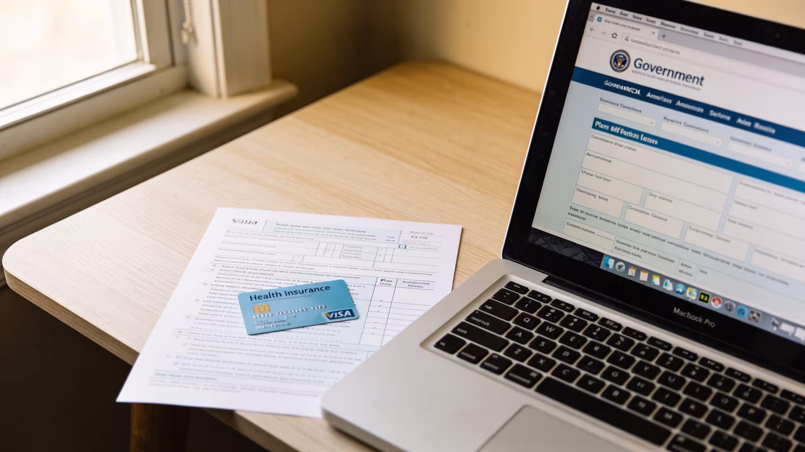 Health insurance documents and a laptop on a home office desk, health insurance after losing your job concept